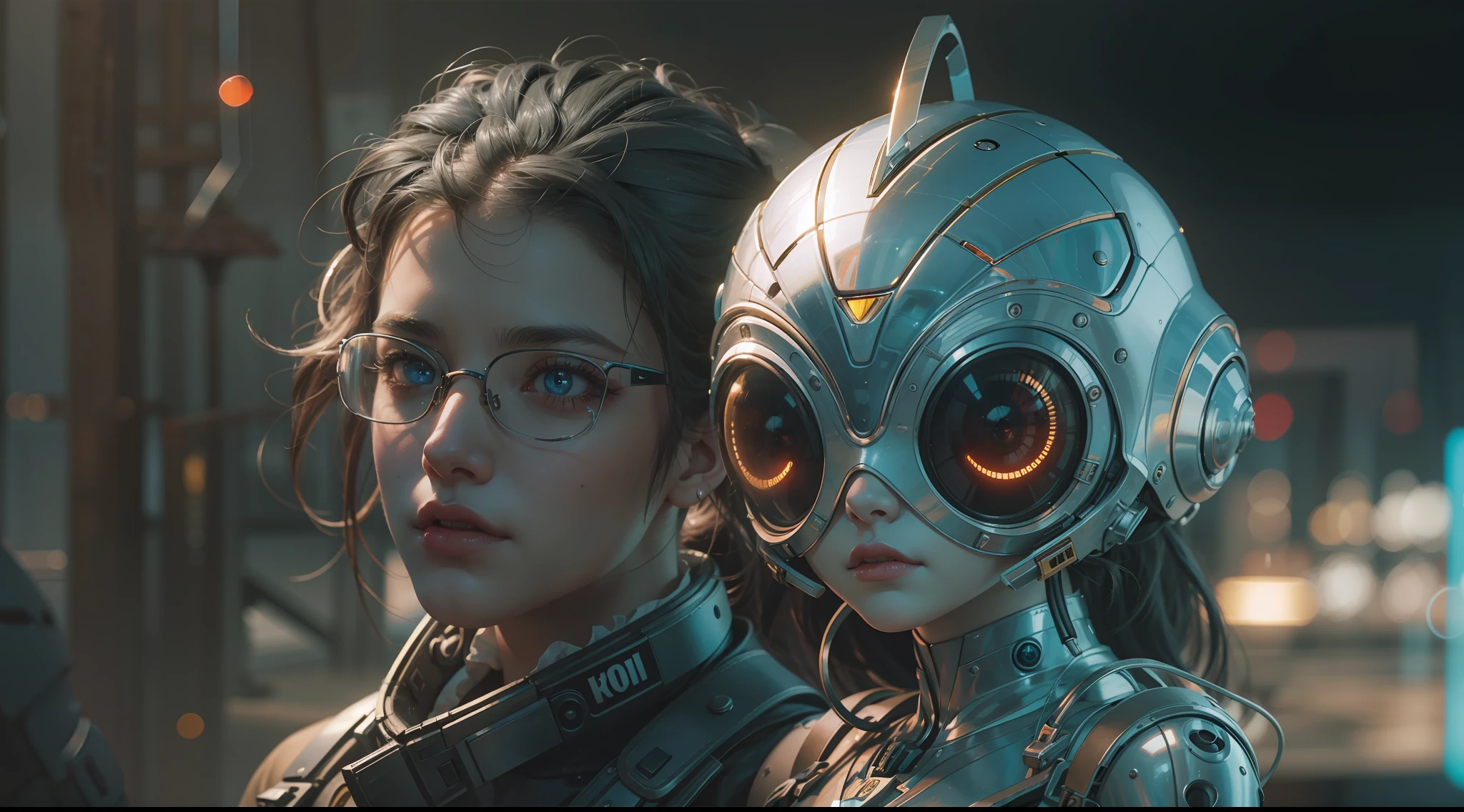 (best qualtiy,ultra - detailed,Best Illustration,Best shadow,masterpiece,A high resolution,professionalartwork,famous artwork),sci-fi,It depicts a young couple wearing colored sclera and a huge alien big cute with robot eyes, by Makoto Shinkai,by Artgerm,by wlop,by Greg Rutkowski,Volumetric lighting,octane render,4K,Trending on ArtStation,masterpiece