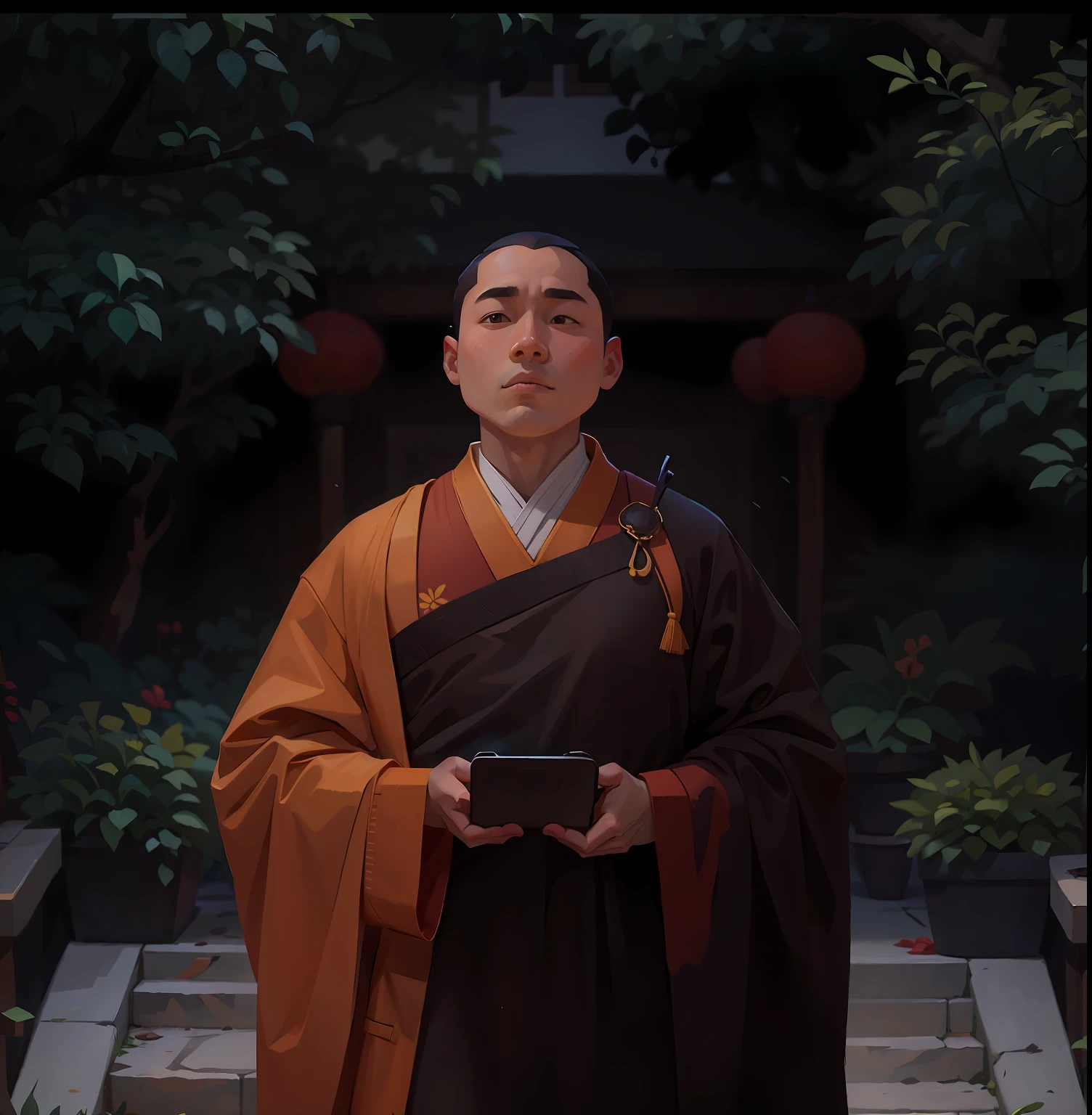 A young monk stands in front of a set of steps in the courtyard, Taoist, inspired by Sesshū Tōyō, Chiba Yuda, inspired by Chen Daofu, wearing brown robes, inspired by Zhao Mengfu, inspired by Li Shixing