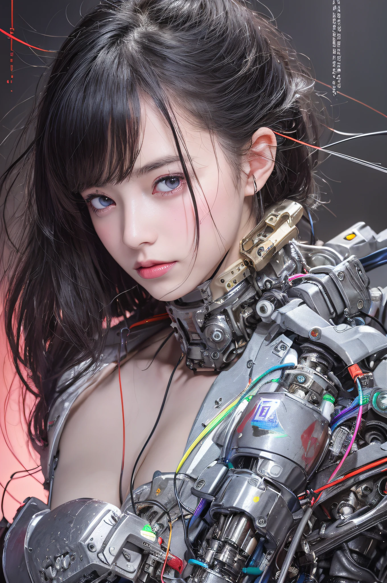 Top Quality, Masterpiece, Ultra High Resolution, (Photorealistic: 1.4), Raw Photo, 1 Girl, Black Hair, Glossy Skin, 1 Mechanical Girl, (Ultra Realistic Detail)), Portrait, Global Illumination, Shadows, Octane Rendering, 8K, Ultra Sharp, Big, Cleavage Exposed Raw Skin, Metal, Intricate Ornament Details, Japan Details, Very intricate details, realistic light, CGSoation trend, purple eyes, glowing eyes, facing the camera, neon details, mechanical limbs, blood vessels connected to the tube, mechanical vertebrae attached to the back, mechanical cervical attachment to the neck, sitting, wires and cables connecting to the head, gundam, small LED lamps,
