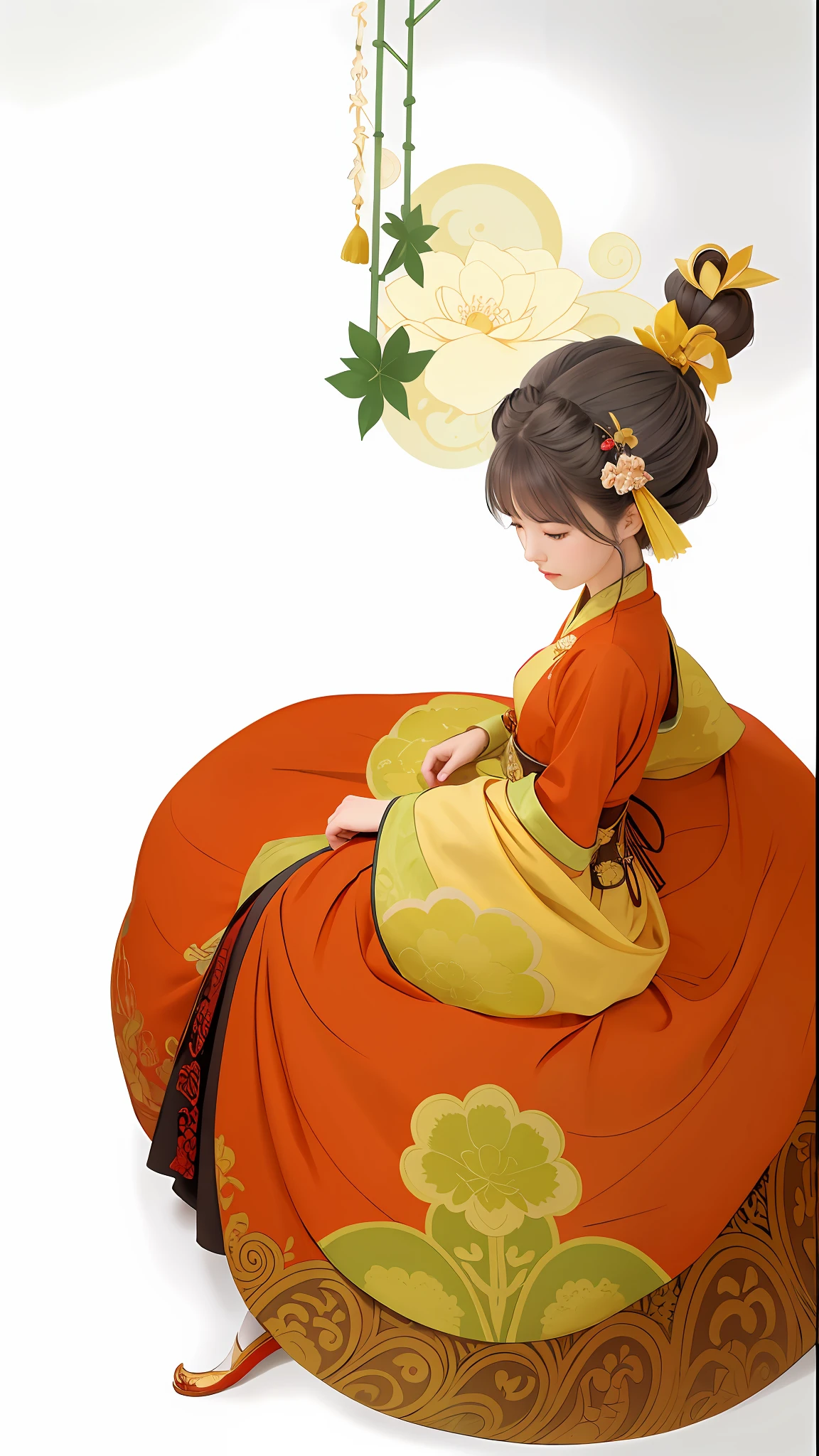 There was a woman sitting on a round cushion,A flower stuck in his hair, Palace , A girl in Hanfu, Wearing ancient Chinese clothes, Beautiful character painting, Princesa chinesa antiga, Hanfu, Beautiful rendering of the Tang Dynasty, ancient asian dynasty princess, Hanbok, Guviz-style artwork, Chinese costume, Japanese art style, Guviz