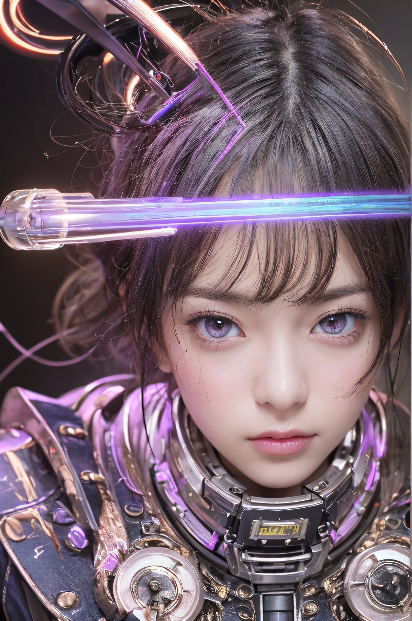 Top Quality, Masterpiece, Ultra High Resolution, (Photorealistic: 1.4), Raw Photo, 1 Girl, Black Hair, Glossy Skin, 1 Mechanical Girl, (Ultra Realistic Detail)), Portrait, Global Illumination, Shadows, Octane Rendering, 8K, Ultra Sharp, Big, Cleavage Exposed Raw Skin, Metal, Intricate Ornament Details, Japan Details, Very intricate details, realistic light, CGSoation trend, purple eyes, glowing eyes, facing the camera, neon details, mechanical limbs, blood vessels connected to the tube, mechanical vertebrae attached to the back, mechanical cervical attachment to the neck, sitting, wires and cables connecting to the head, gundam, small LED lamps,