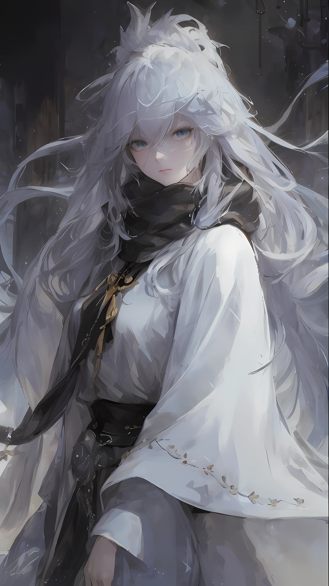 a close up of a woman with a white hair and a black scarf, a character portrait by Yang J, pixiv contest winner, fantasy art, white haired deity, beautiful character painting, artwork in the style of guweiz, the piercing stare of yuki onna, guweiz, with white long hair, with long white hair, flowing hair and long robes