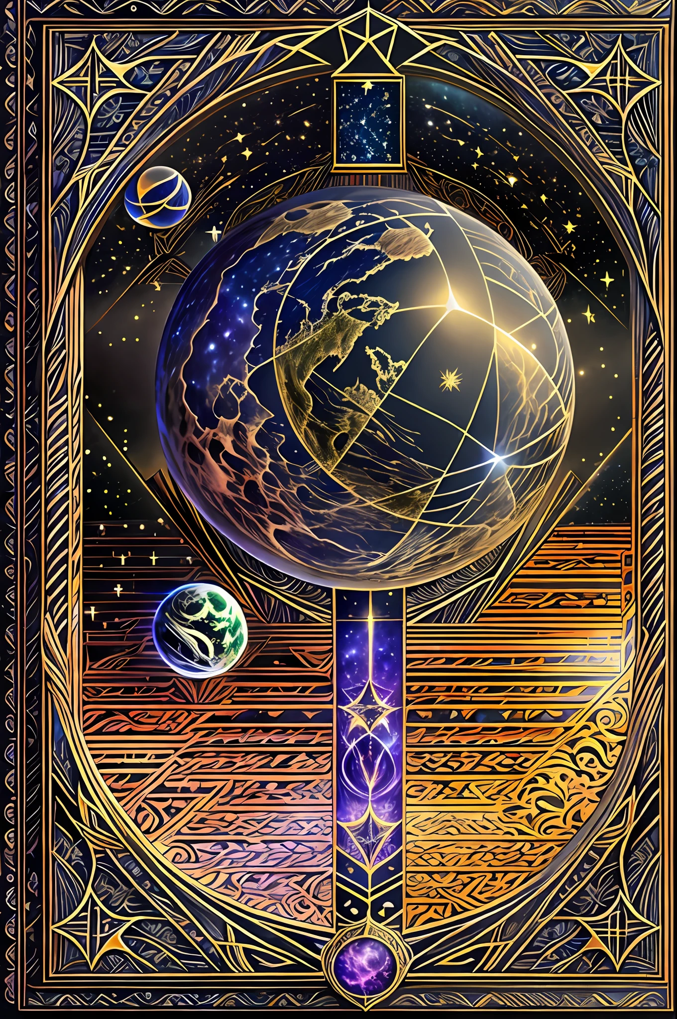 tarot frame design is gothic with uniform frame width, light and darkness with sphere with earth, infinite illumination, absurd resolution, smooth and flawless, ultra-realistic skin, insanely detailed, extremely ultra fine realistic, high contrast, holographic rendering, nebula sky background in magnificent, flexographic Ink, Imaginative artwork,