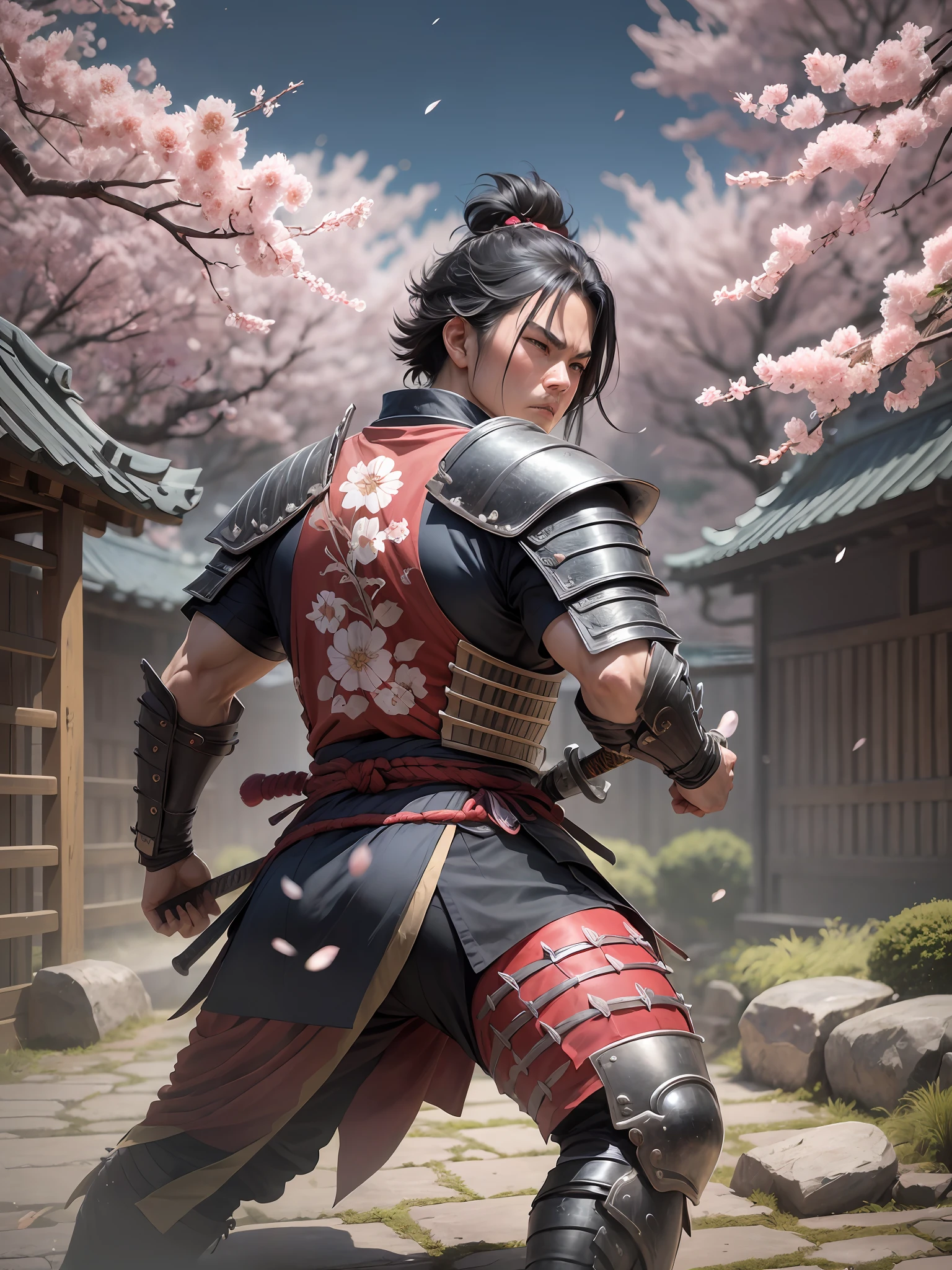Action photography of a tough samurai engaged in a fierce battle, focus on his face, his katana slamming into an enemy's weapon in a shower of sparks. The samurai's intense expression and powerful stance exude confidence and skill. The fight takes place in a traditional Japanese garden, adorned with vibrant cherry blossoms and stone lanterns. Soft sunlight filters through the flowers, creating a serene and dramatic atmosphere. Taken from a low angle, this image captures the samurai's dominance on the battlefield, as well as the beauty and elegance of the Japanese landscape. --auto --s2