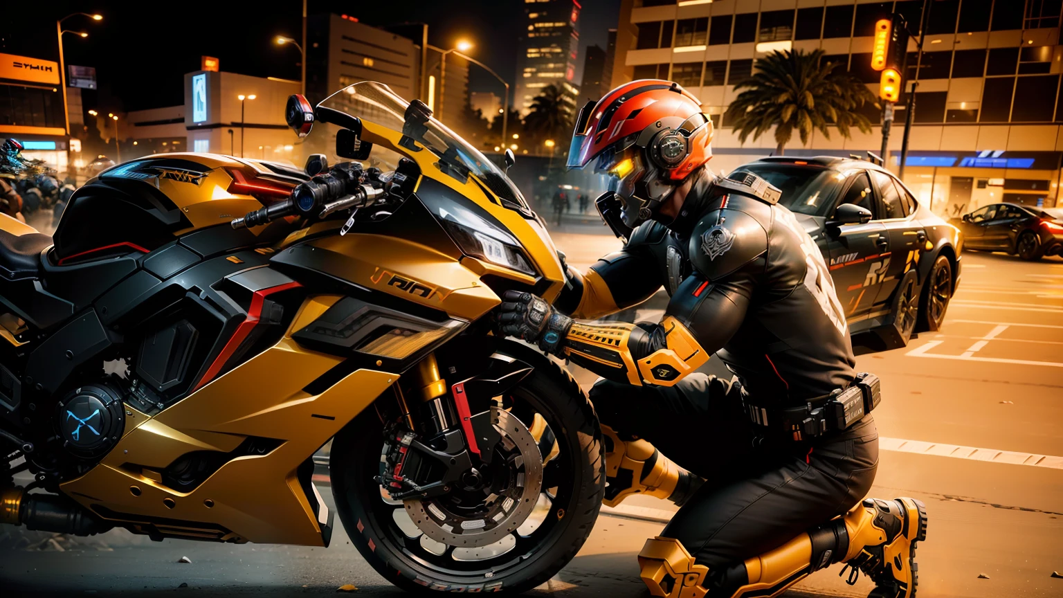 Strong handsome cyberpunk male warrior,Information mechanical motorcycle,High-tech black high-tech helmet,Nousr, Biomechanicals, MSHN Robot Man,High-tech helmet,hyper realisitc, Steel, Complex design, insanely details, finely detailled, Extremely clear lines, cinmatic lighting, photograph realistic, A detailed masterpiece