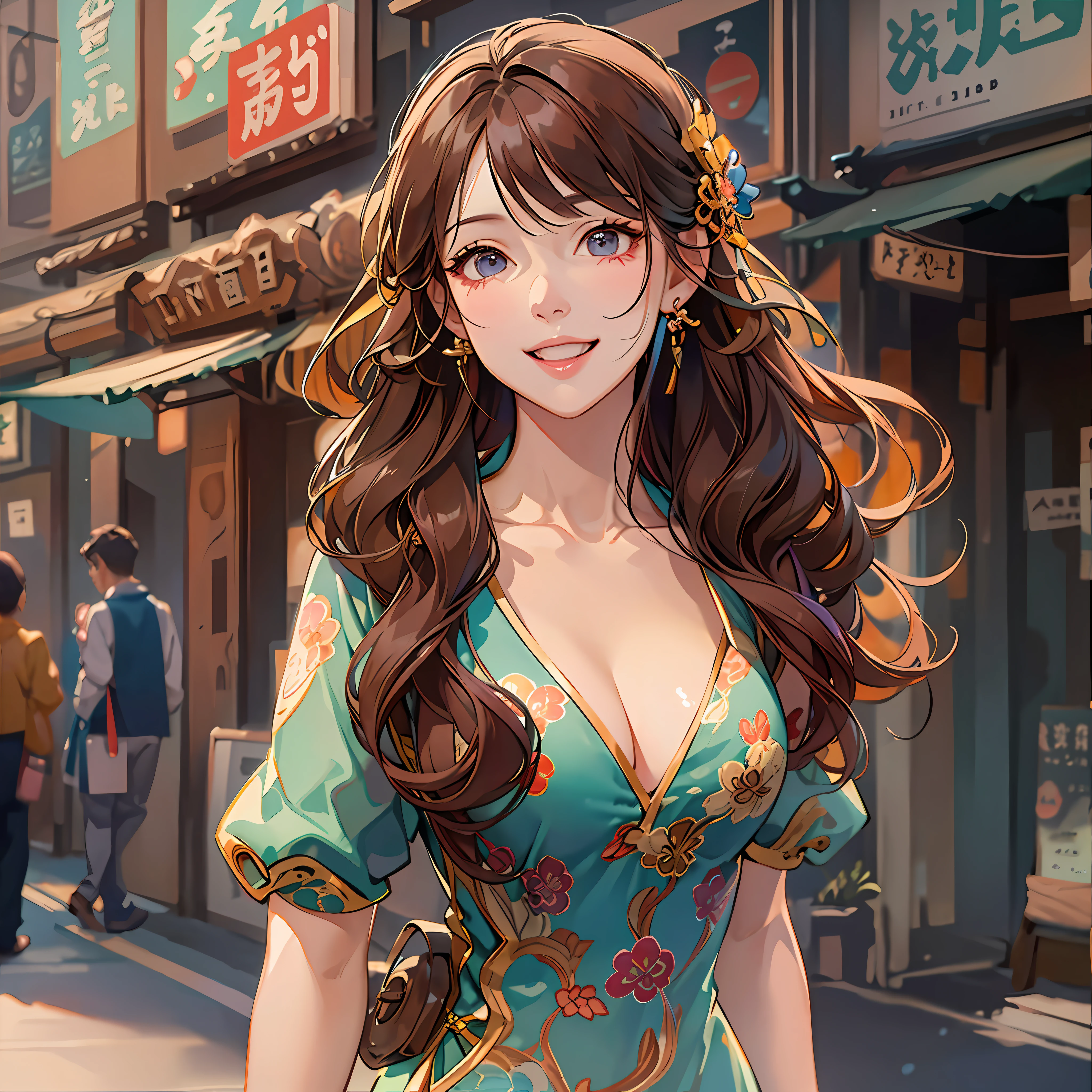 Masterpiece, Professional lighting, photon maping, Radio City, Physically-based rendering,Close-up Shot Shot,A beautiful sexy woman on the street,Long burgundy wavy hair,Wearing a cheongsam,Bumpy figure,Smiling,cartoonish style,Colorful stills,Port wind,Cartoony。Front couple center composition