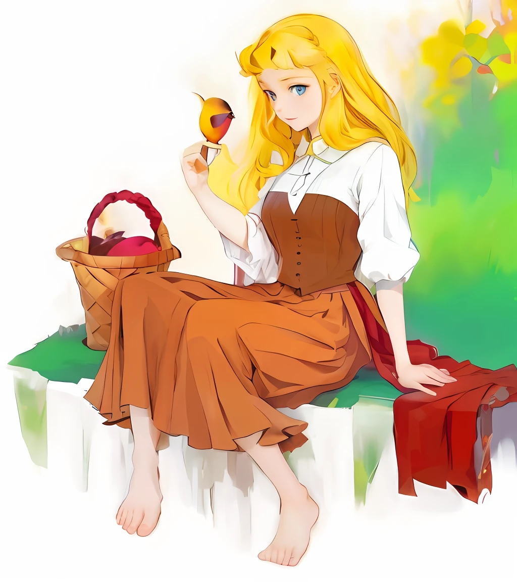 tmasterpiece, Best quality at best, 1girll, 独奏, By bangs, Headpins, (little breast:1.4), eBlue eyes,long whitr hair, ssmile, 独奏, blond hairbl, (bound waist:1.1), (White shirt:1.1),the woods, (long skirt:1.2), (partially_unbuttoned:1.1), (Expand the chest externally:1.2), a skirt, (Sit Pose:1.2),Left hand raised,Stick out your index finger,The bird rests on its index finger