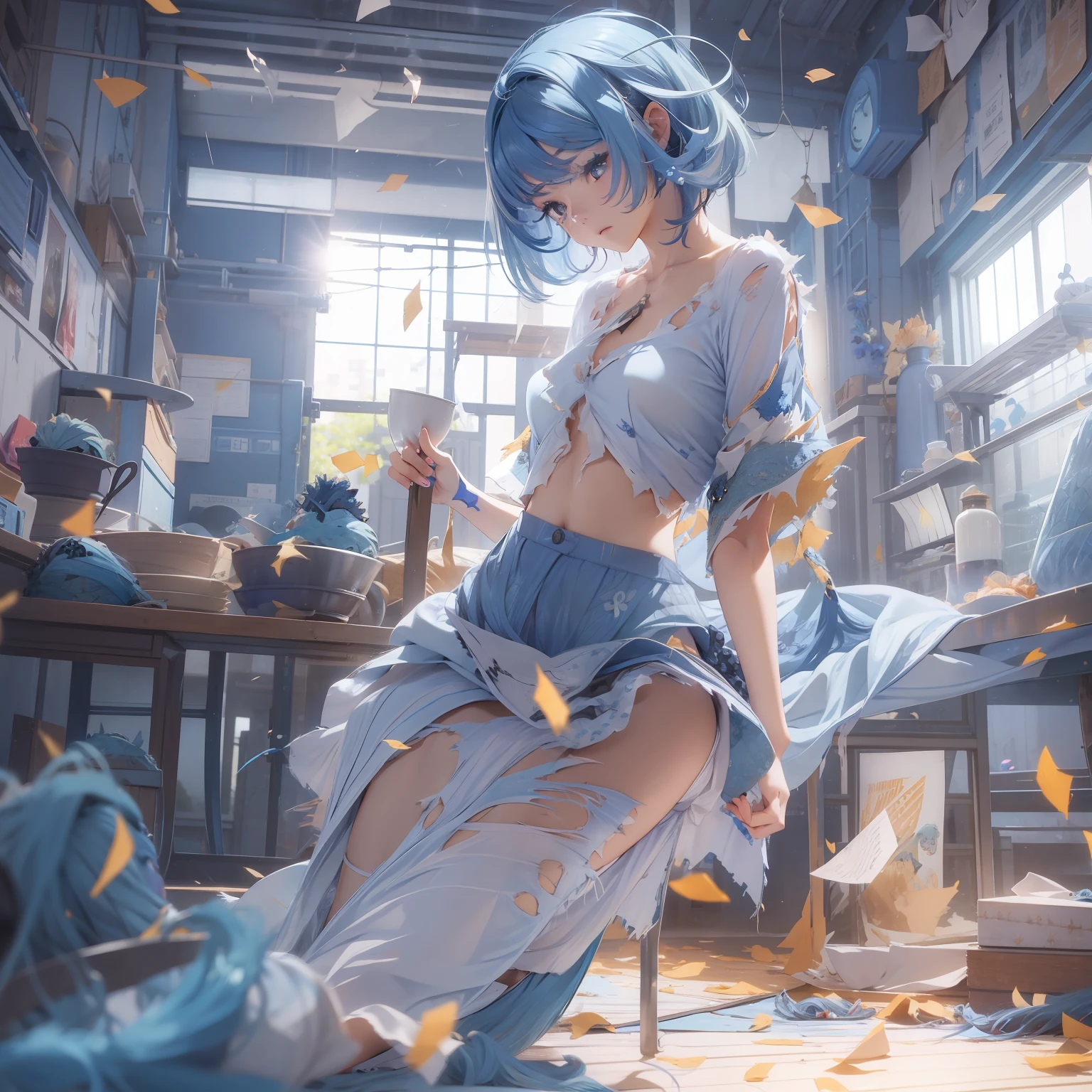 top-quality、Photorealsitic、8K、hight resolution、1girl in、femele、(Skindentation)、(large full breasts)、(profetional lighting、bokeh dof)、(a street)、(flower petals、many:0.6)、Sad face、fansty world(natta:1.2)、(Blue hair:2.0)、(Torn blouse:1.5)、(Portate:0.6)、tatteredclothing、Damaged clothing、a gorgeous、Torn clothes、Clothes torn、bloom、(Floating hair)、(light particules、lensflare、Luminous particles:0.6)、(dynamicposes:1.2)、softlighting、
