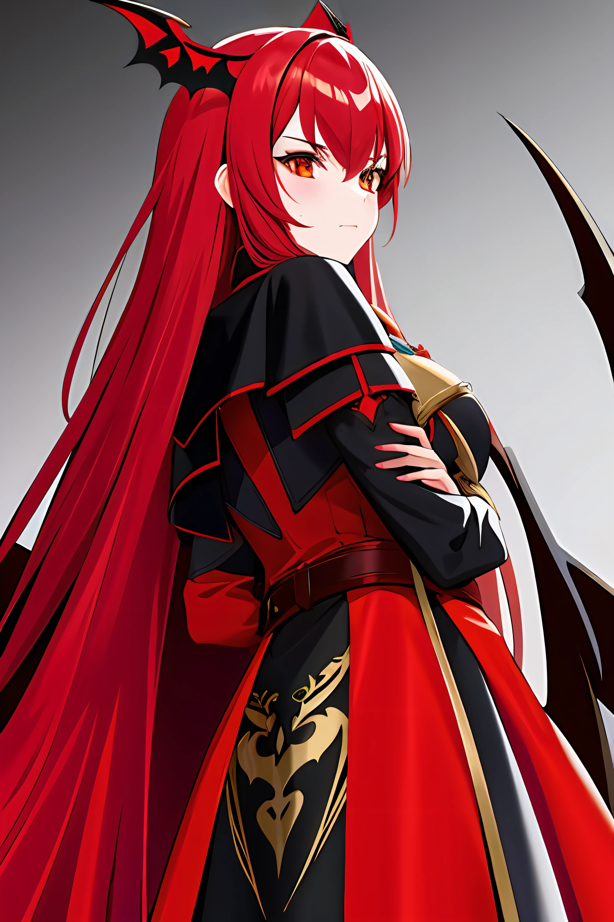 girl crossed arms on her chest plate heavy black-red armor the coat of arms of bats crimson moon from behind an evil look long ashy hair eyes of different colors anime