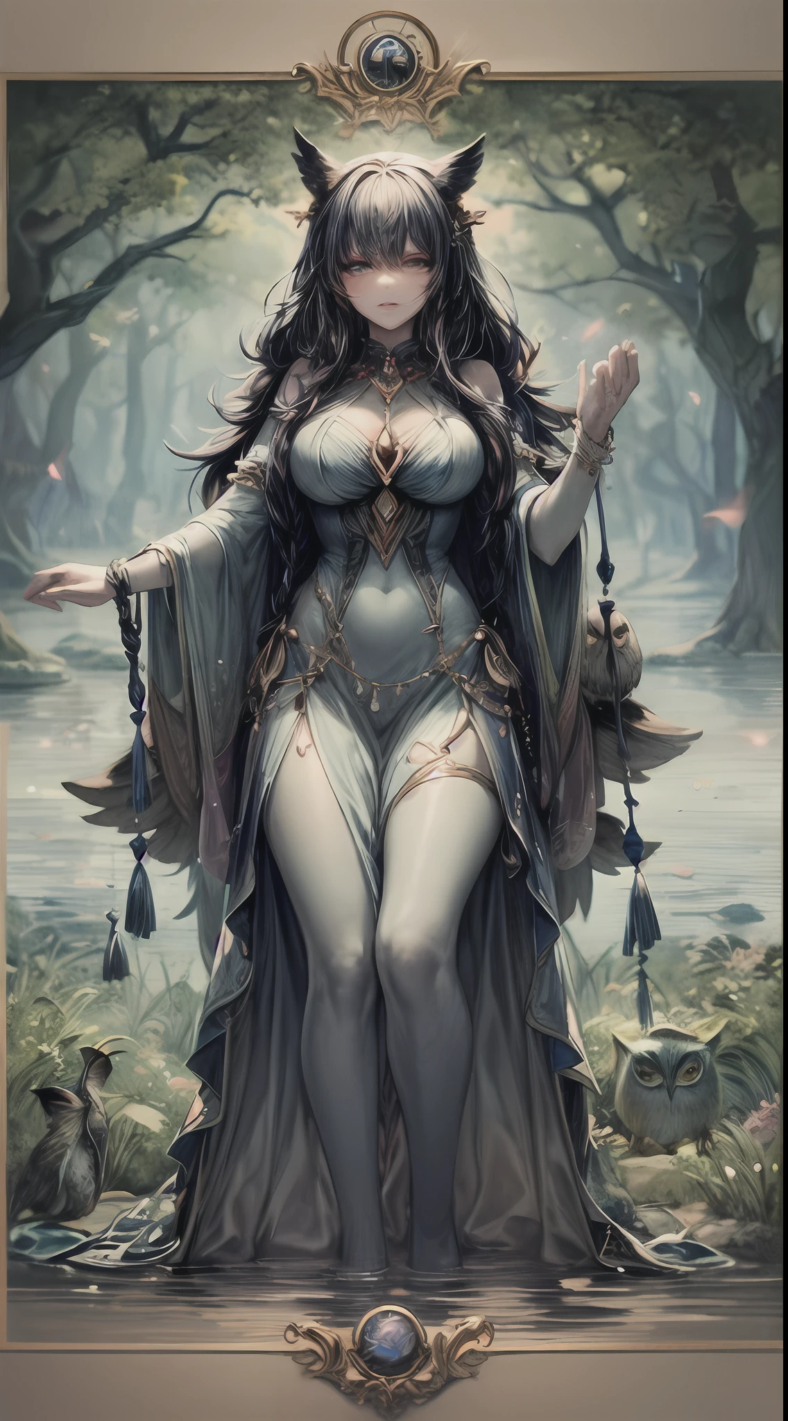 A mystical tarot card with a decorative border depicting "The Enchantress," a powerful sorceress standing by a moonlit lake, surrounded by weeping willows, casting a spell with glowing runes, mist rising from the water, an owl perched on her shoulder, evoking a sense of ancient magic and mystery, Illustration, watercolor on paper