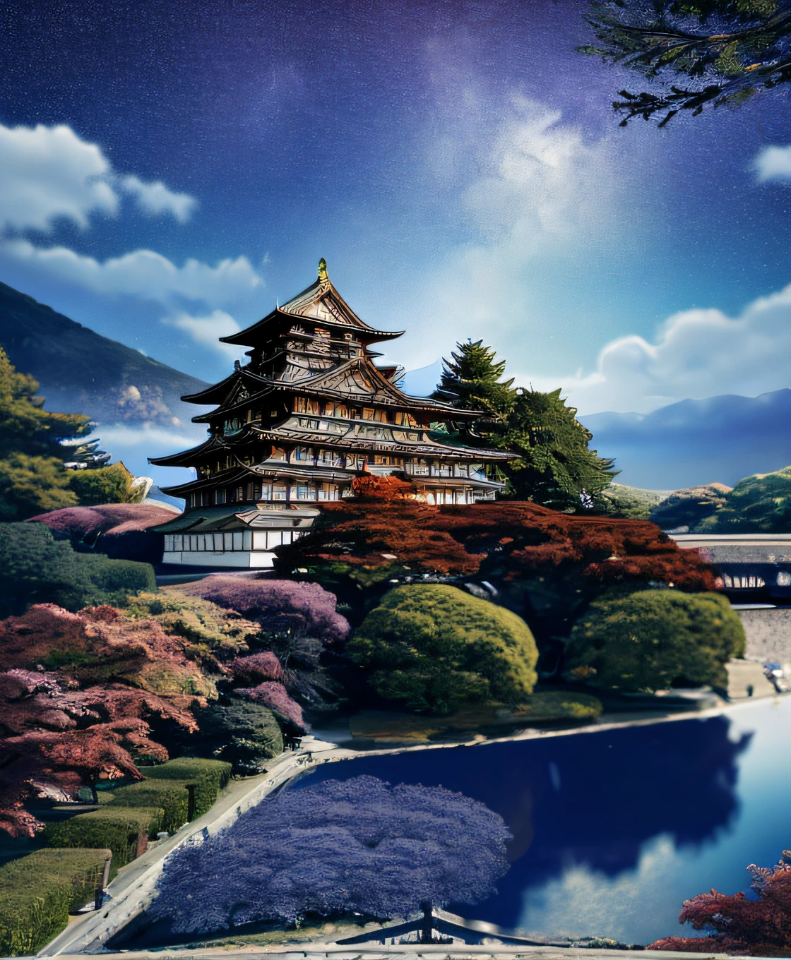 ​masterpiece、top-quality、hightquality、the Extremely Detailed CG Unity 8K Wallpapers、Warring states period　ighly detailed、Nagoya Castle、Himeji Castle、Kumamoto Castle、Egret City、Edo Castle、Japan castle、outside of house、Skysky、​​clouds、natta、No humans、mont、jpn, moonlights, cinemagraph, landscapes, Eau, The tree, dark sky, falls, cliff, naturey, lake, a river, cloudy ash sky, awardwinning photo, bokeh dof, depth of fields, nffsw, bloom, chromatic abberation, Photorealsitic, ighly detailed, Trending on ArtStation, CGsociety Trends、Complex and、in detail、Dramatic and、