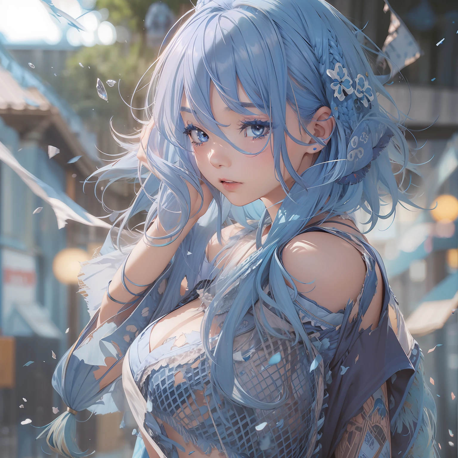 top-quality、Photorealsitic、8K、hight resolution、1girl in、femele、(Skindentation)、(large full breasts)、(profetional lighting、bokeh dof)、(a street)、(flower petals、many:0.6)、Sad face、fansty world(natta:1.2)、(Blue hair:2.0)、(Torn blouse:1.5)、(Portate:0.6)、tatteredclothing、Damaged clothing、a gorgeous、Torn clothes、Clothes torn、bloom、(Floating hair)、(light particules、lensflare、Luminous particles:0.6)、(dynamicposes:1.2)、softlighting、