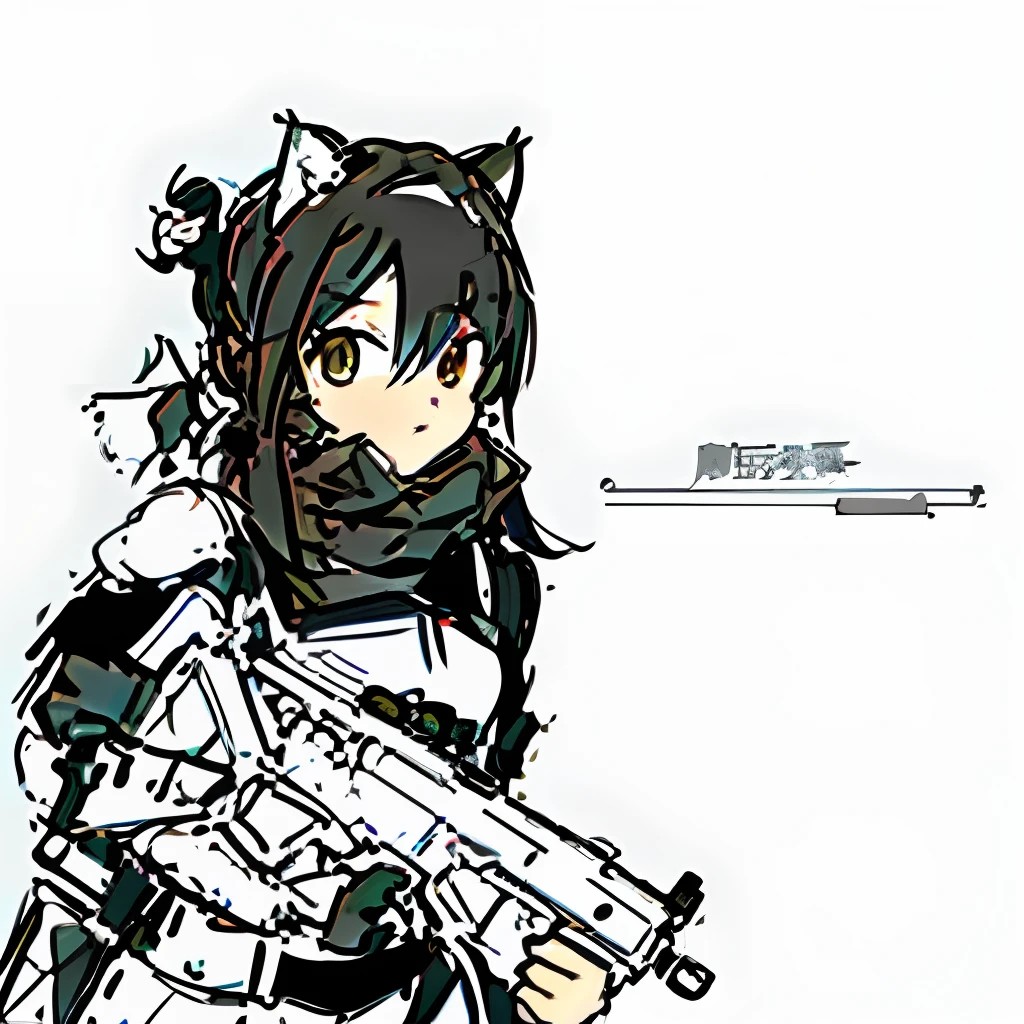 a drawing of a girl with a gun in her hand, clean anime outlines, sketchy artstyle, heavy outline, Line sketch!!, maple story gun girl, Line sketch, anime sketch, old sketch, with rifle, Rough sketch, flat anime style shading, unknown artstyle, thick outline, Fully robotic!! cat woman, anime catgirl, Cat girl