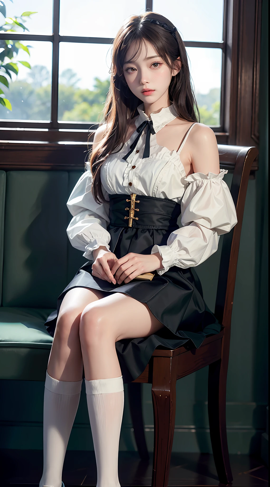 女の子1人, (Full body), Unknown , detailed clothes, (delicate illustration:1.4),(masutepiece:1.0), (Best Quality:1.4), (超A high resolution:1.2), (Photorealistic:1.4), (8K, Raw photo:1.2), (Soft Focus:1.4), (18year old:1.3), (Sharp Focus:1.4), (Renaissance art:1.4), Detailed beautiful face, (Blouse with white collar, Silk White Socks, Dark blue skirt, Black pumps), Sitting on a chair