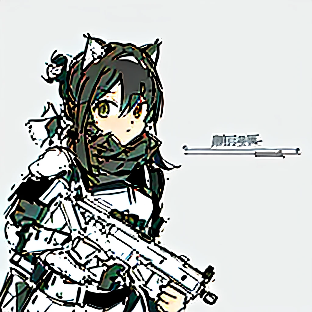 a drawing of a girl with a gun in her hand, clean anime outlines, sketchy artstyle, heavy outline, Line sketch!!, maple story gun girl, Line sketch, anime sketch, old sketch, with rifle, Rough sketch, flat anime style shading, unknown artstyle, thick outline, Fully robotic!! cat woman, anime catgirl, Cat girl