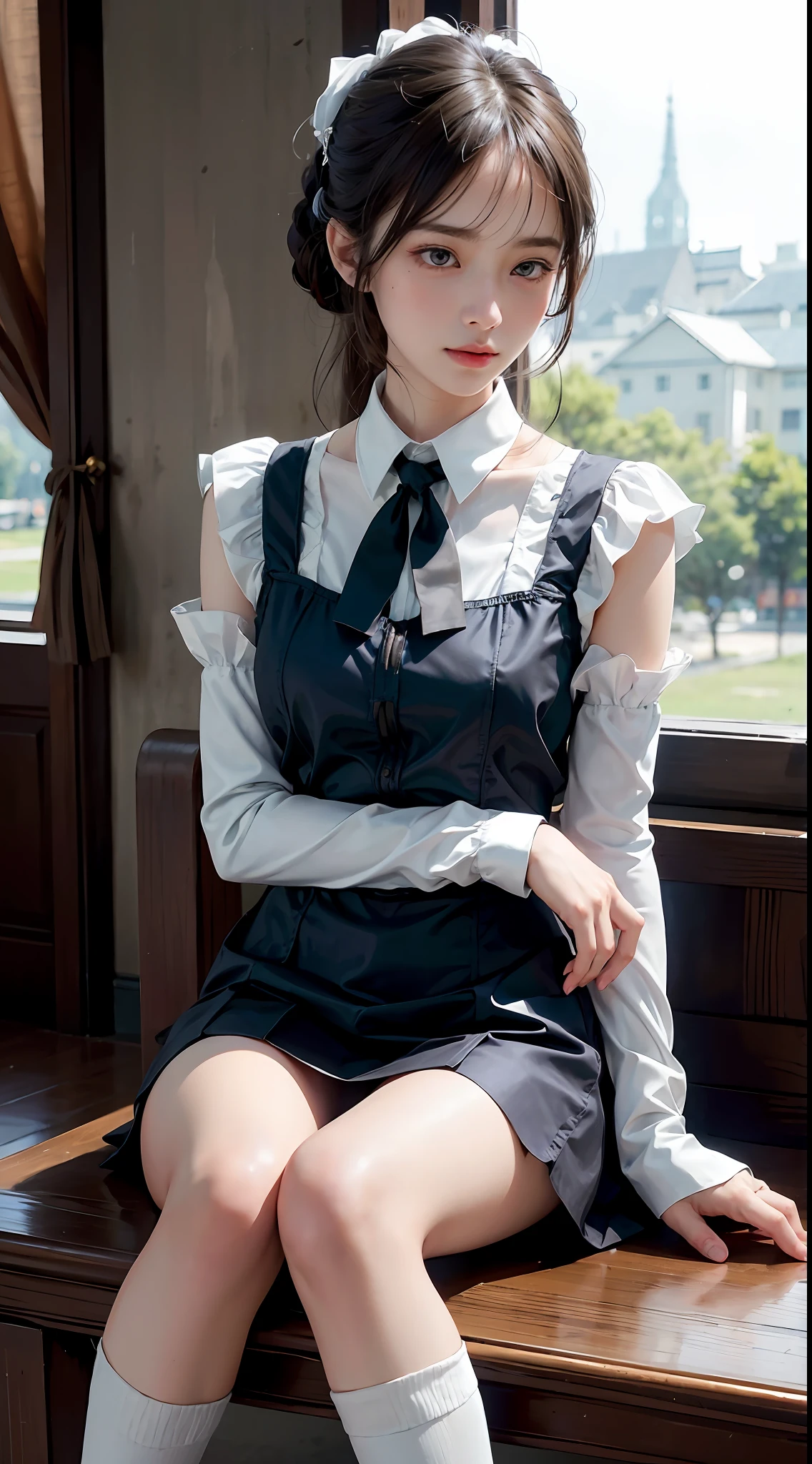 女の子1人, (Full body), Unknown , detailed clothes, (delicate illustration:1.4),(masutepiece:1.0), (Best Quality:1.4), (超A high resolution:1.2), (Photorealistic:1.4), (8K, Raw photo:1.2), (Soft Focus:1.4), (18year old:1.3), (Sharp Focus:1.4), (Renaissance art:1.4), Detailed beautiful face, (Blouse with white collar, Silk White Socks, Dark blue skirt, Black pumps), Sitting on a chair