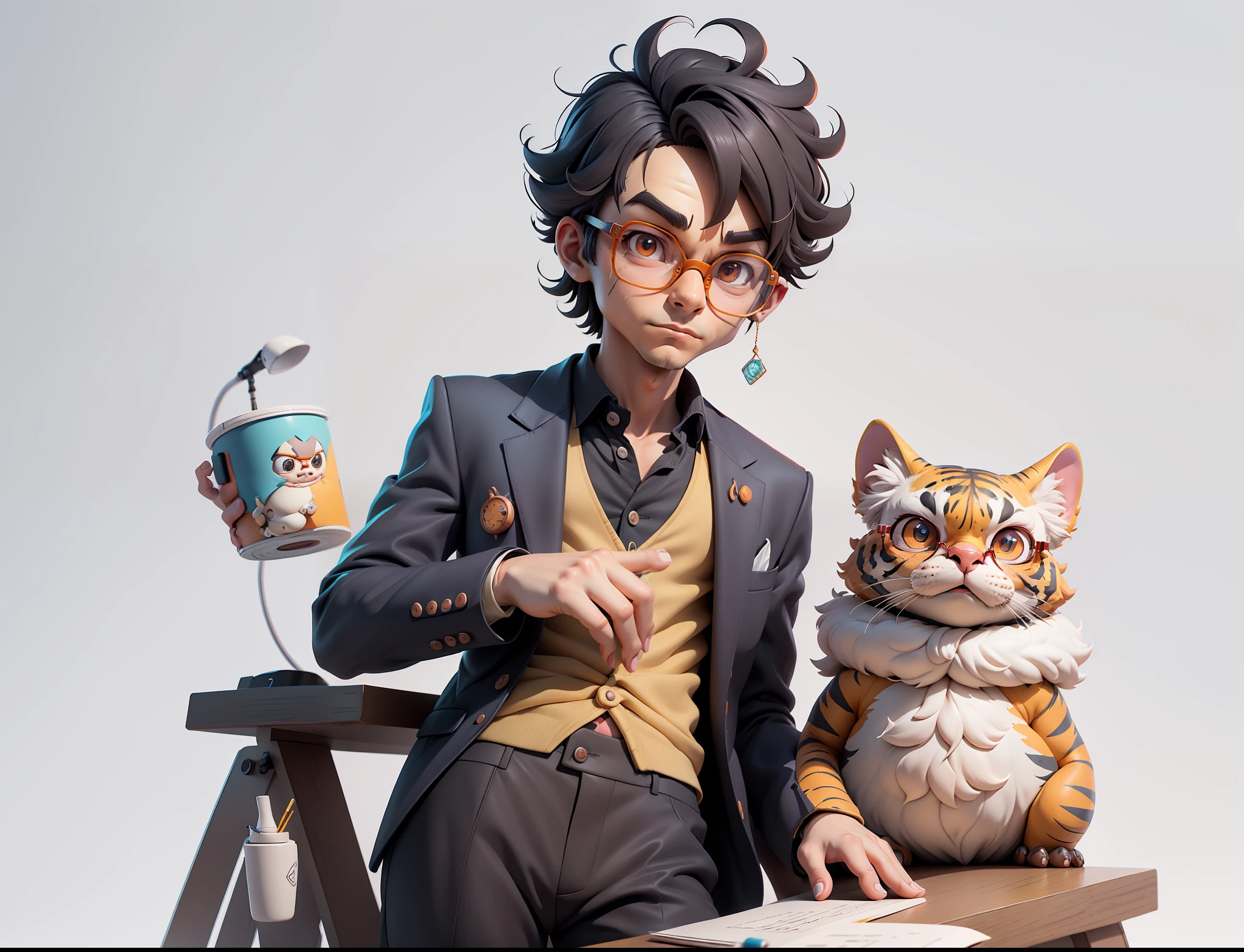A young man in a suit and pants, Short hair and glasses sat at his desk，holding laptop，digitial painting，tigre，3D character design by Mark Clairen and Pixar and Hayao Miyazaki and Akira Toriyama，4K HD illustration，Very detailed facial features and cartoon-style visuals。