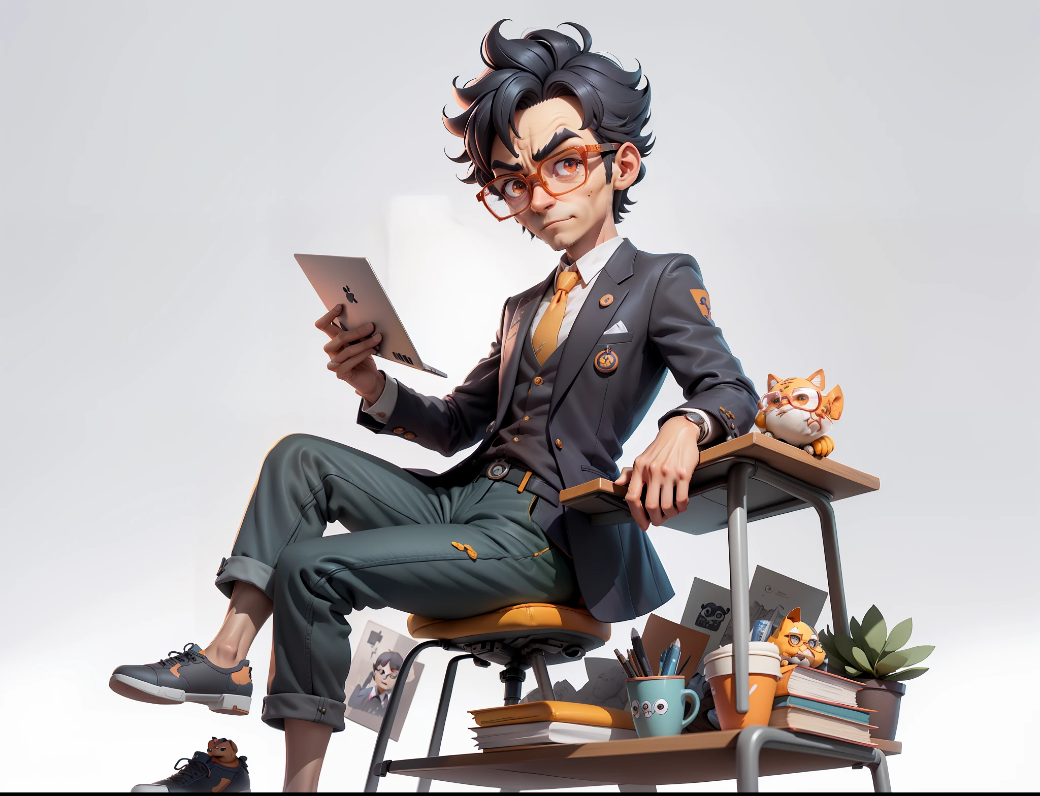 A young man in a suit and pants, Short hair and glasses sat at his desk,holding laptop,digitial painting,tigre,3D character design by Mark Clairen and Pixar and Hayao Miyazaki and Akira Toriyama,4K HD illustration,Very detailed facial features and cartoon-style visuals。