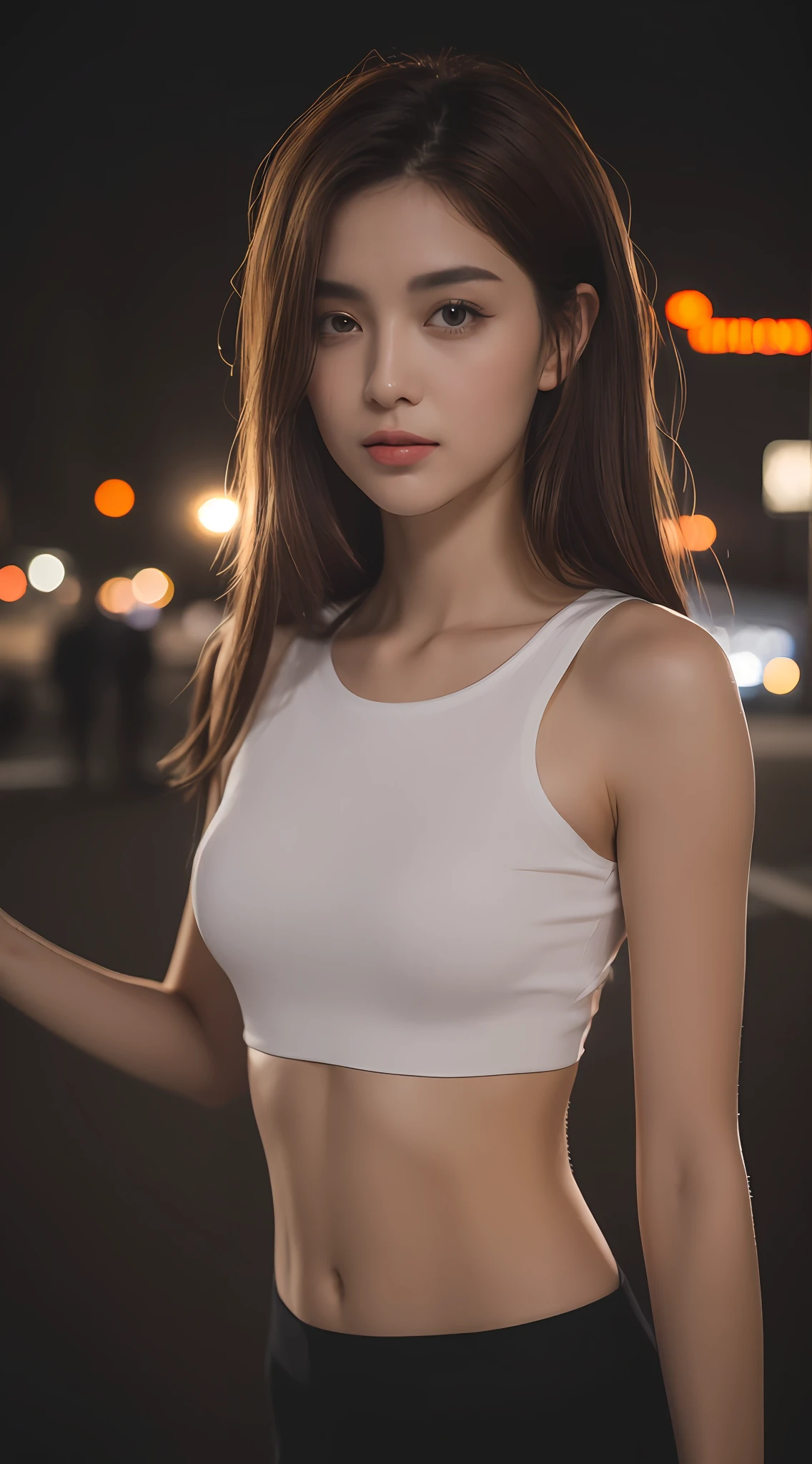 ((Realistic lighting, Best quality, 8K, Masterpiece: 1.3)), Clear focus: 1.2, 1girl, Perfect Figure: 1.4, Slim Abs: 1.1, ((Dark brown hair)), (White crop top: 1.4), (Outdoor, Night: 1.1), City streets, Super fine face, Fine eyes, Double eyelids,