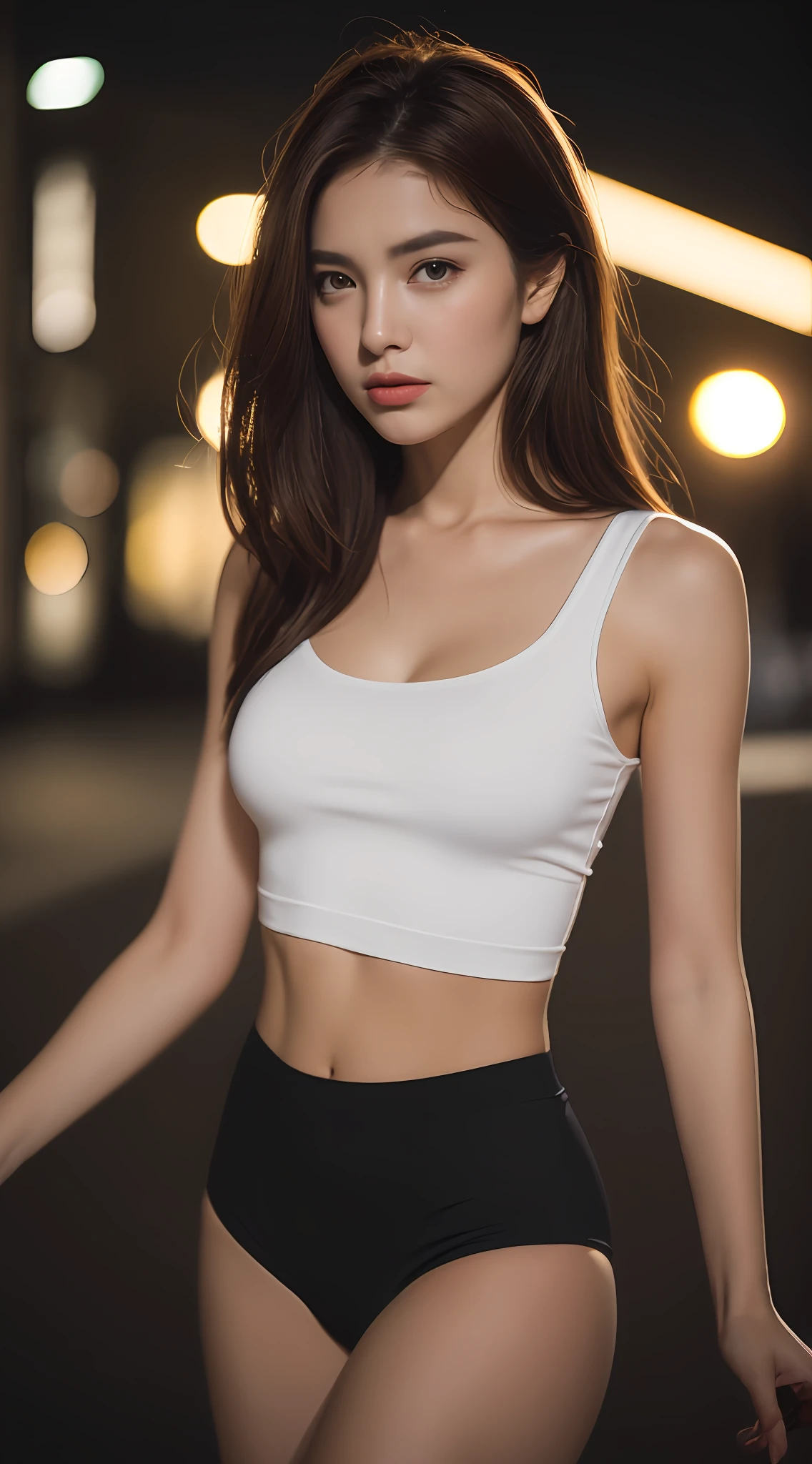 ((Realistic lighting, Best quality, 8K, Masterpiece: 1.3)), Clear focus: 1.2, 1girl, Perfect Figure: 1.4, Slim Abs: 1.1, ((Dark brown hair)), (White crop top: 1.4), (Outdoor, Night: 1.1), City streets, Super fine face, Fine eyes, Double eyelids,