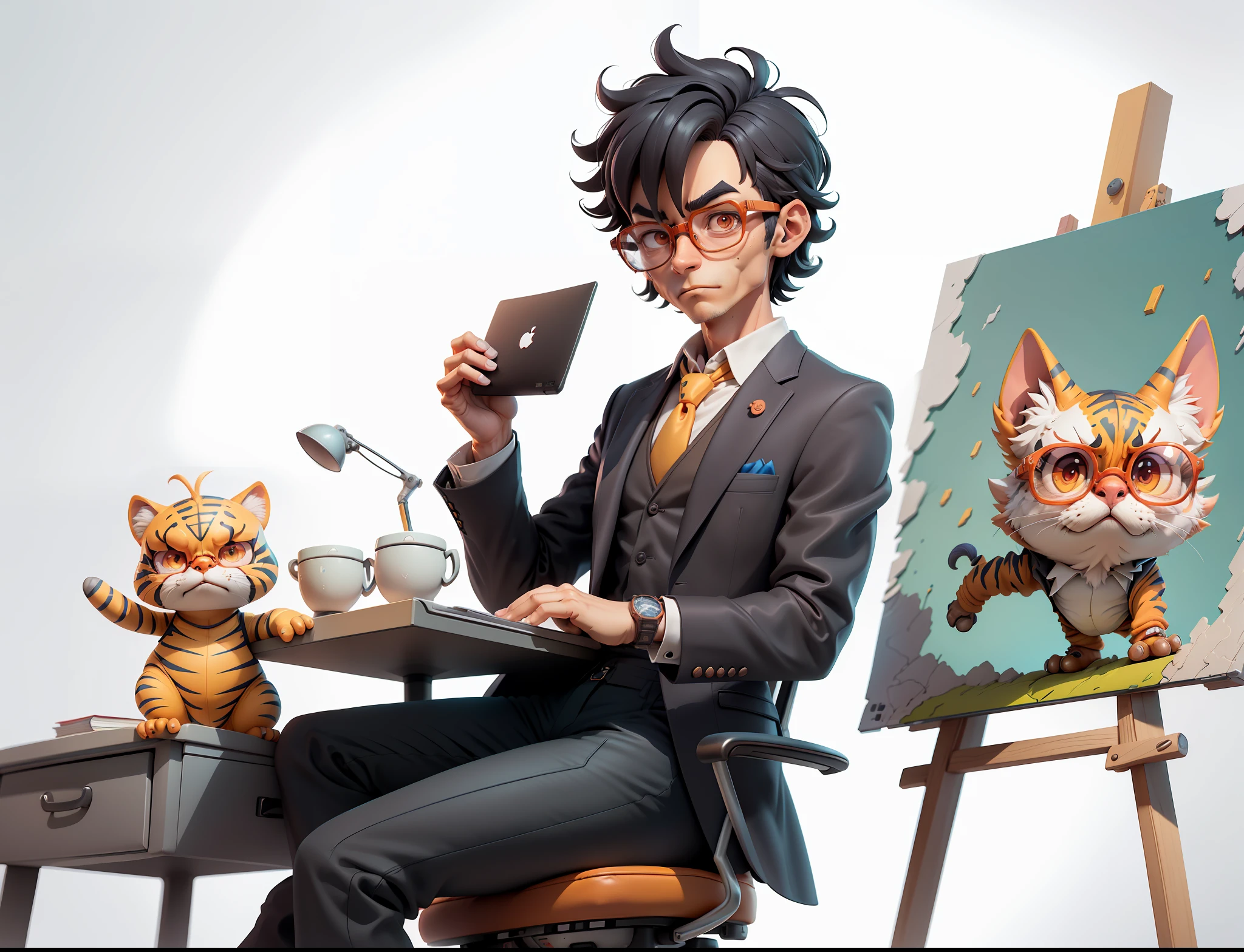 A young man in a suit and pants, Short hair and glasses sat at his desk,holding laptop,digitial painting,tigre,3D character design by Mark Clairen and Pixar and Hayao Miyazaki and Akira Toriyama,4K HD illustration,Very detailed facial features and cartoon-style visuals。