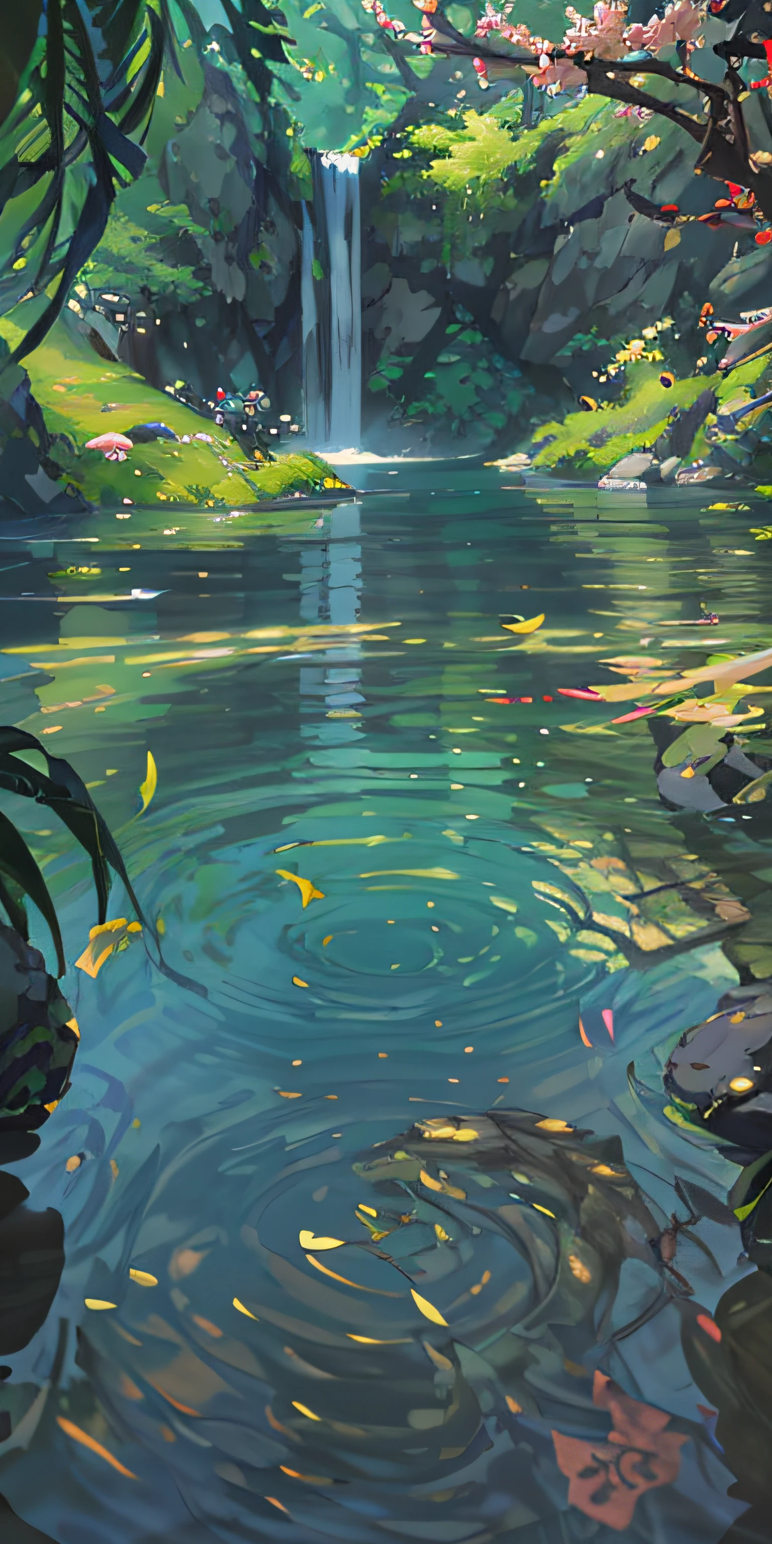 Chinese ancient times, spring, jungle, lake, cave, waterfall, tree, meadow, rock, deer, hot spring, water vapor, (illustration: 1.0), epic composition, realistic lighting, HD details, masterpiece, best quality, (very detailed CG unified 8k wallpaper)
