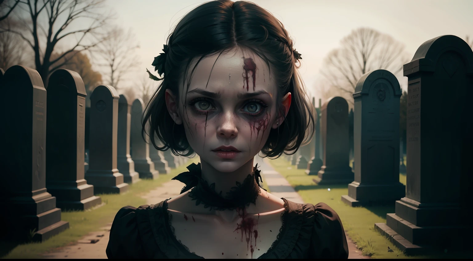 Zombified girl in a cemetery, horror, detailed, high quality, 1 woman, German girl, creepy atmosphere, centered subject.