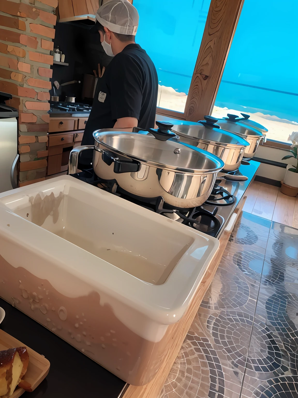 There is a man standing in a kitchen preparing food on a stove, cooky, cozinhando-o, steaming food on the stove, closeup na comida, ..jar, Pronto para comer, gelo seco, alimentos quentes, cozinhado, cozinha gourmet, Comida deliciosa, foto de baixa qualidade, cooking show, delicioso