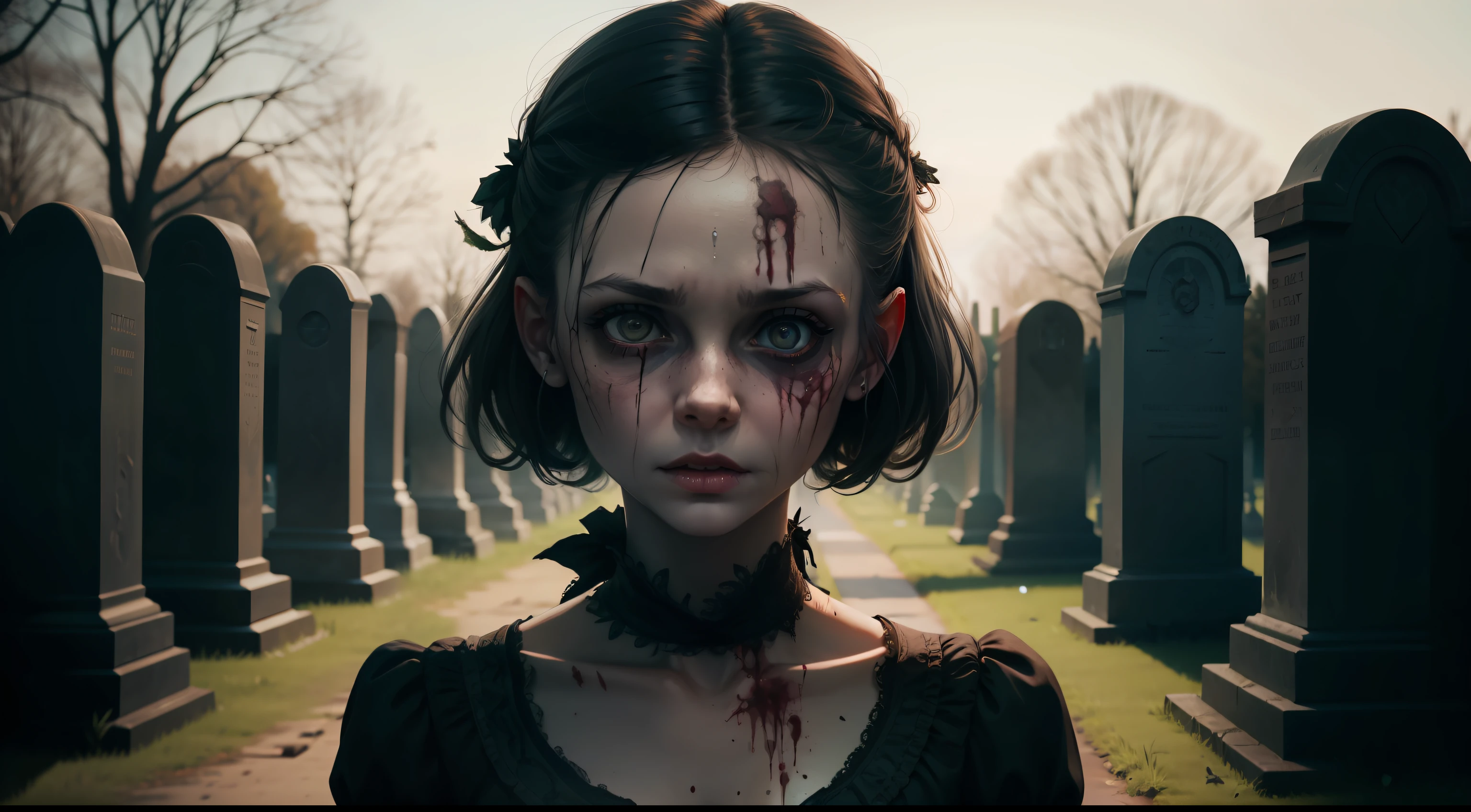 Zombified girl in a cemetery, horror, detailed, high quality, 1 woman, German girl, creepy atmosphere, centered subject.