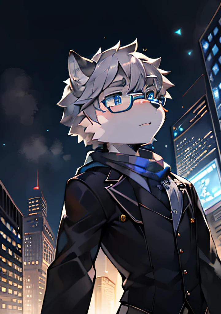 Highest image quality，Delicate painting style，Delicate hook lines，tmasterpiece，Fine fine skin，Delicate hair，Complete painting，The delicate hands of a masterpiece，finely-detailed eyes，Normal eyes，Gray wolf ears，Furry，Gray hair，Black-framed round glasses，eBlue eyes，adolable，Handsome，（（White scarf））， Werewolf style，Shota，cyber punk perssonage, Blue pupil, city night scene, Gray hair, Dappled light and shadow, steampunc，short detailed hair，Boy，There are bright eyes of God。, Crystal fragments in the air, 城市，Long knife in hand（（Fighting posture））