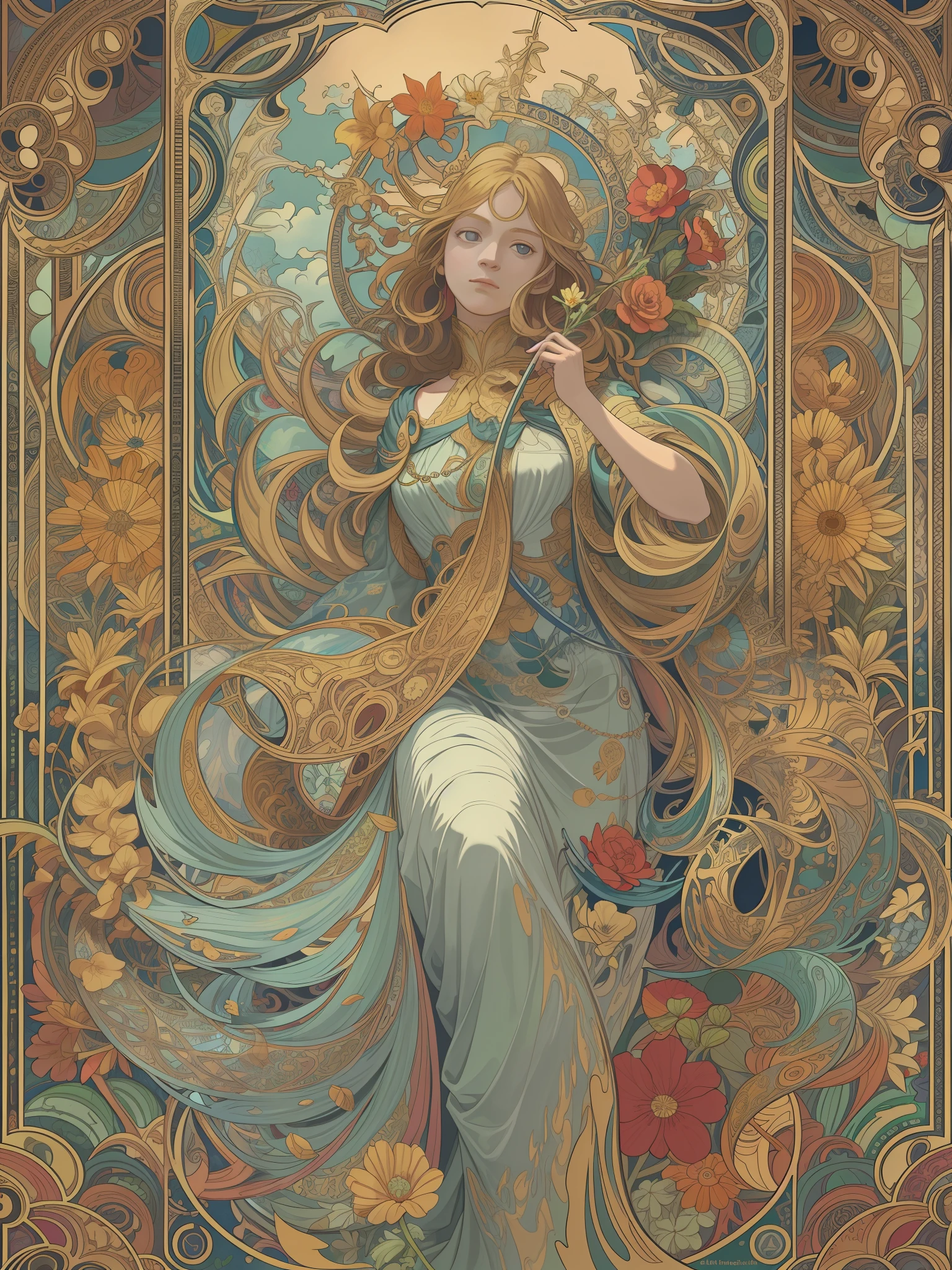 (Flat color:1.1),(Colorful:1.3),(Masterpiece:1.2), Best quality, Masterpiece, Original, extremelydetailedwallpaper, view the viewer,1girll,Solo,floating colorful water,tarot card layout,Best quality, Masterpiece, (Realistic:0.6), Realistic lighting,Flower frame, Decorative panels, abstract artistic, Alphonse Mucha (tmasterpiece, best qualtiy, A high resolution: 1.4), A detailed, Complicated details, 4K,cerulean, Line art, Fibonacci
