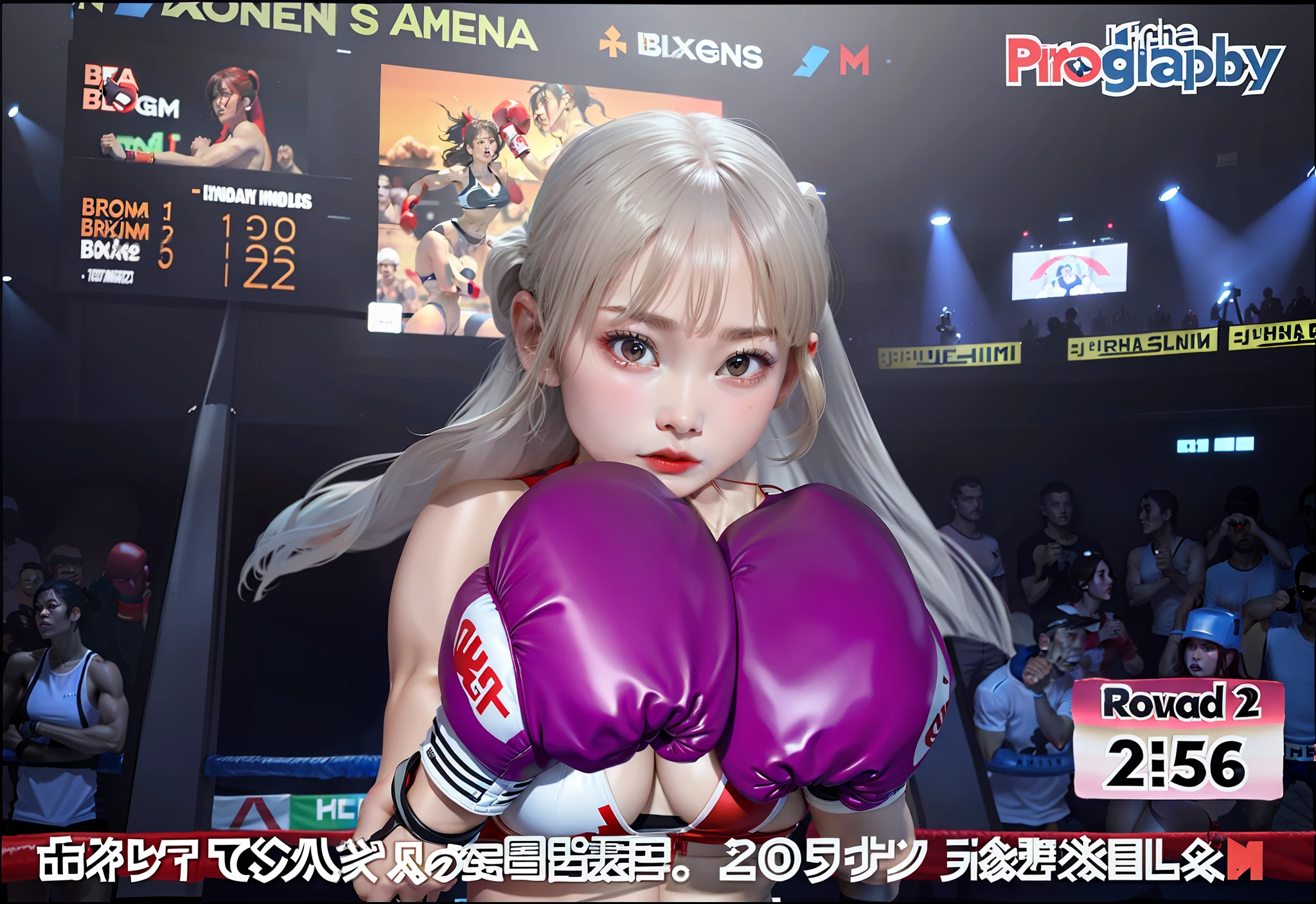 there is a woman in a bikini and boxing fight, bloods, brutal, sweet