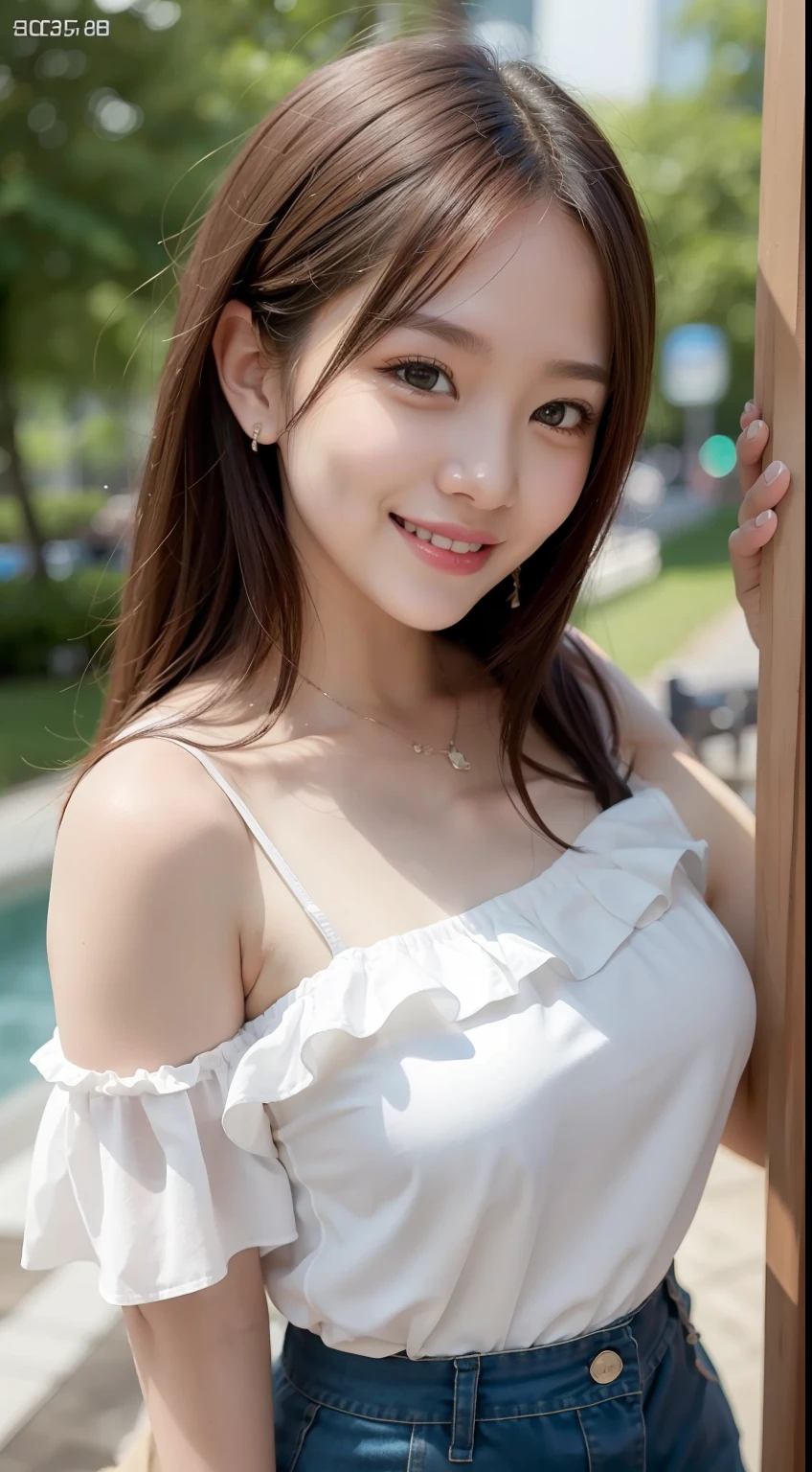 off shoulders、Short pants、Beautuful Women、Smiling smile、reallistic、realphoto、8k picture、Exquisite and detailed details、hiquality