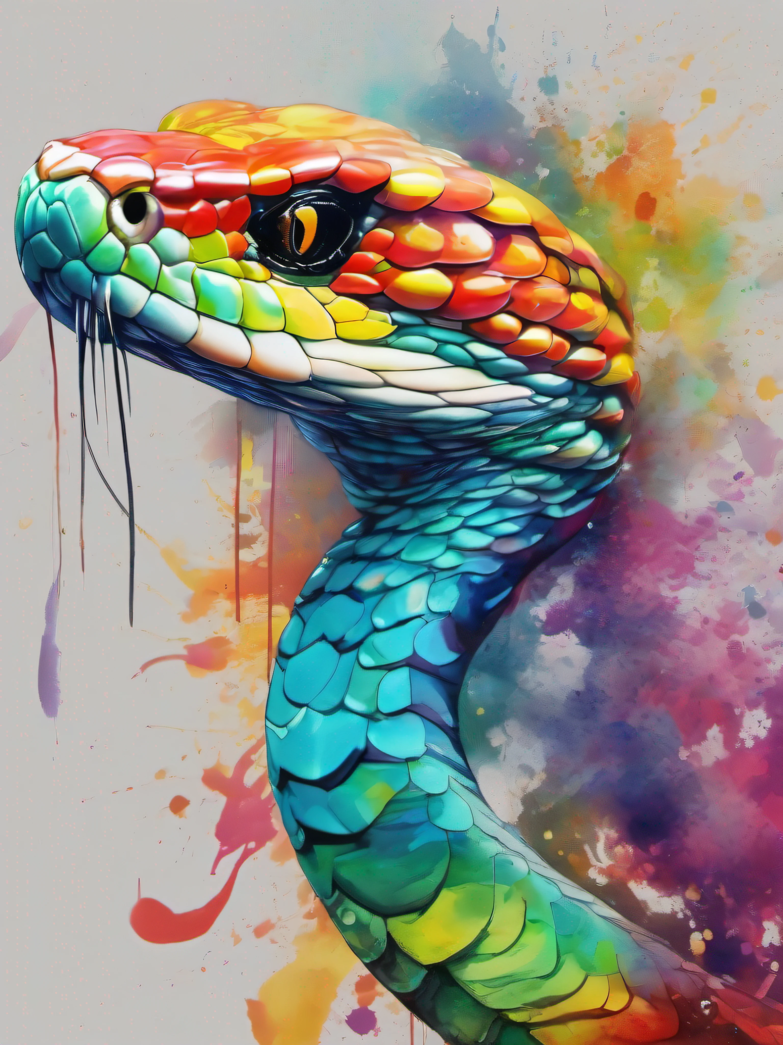 Draw a king cobra with colorful ink on its face, archan nair, painted in bright water colors, animal drawing, vibrant watercolor painting, painting of cute king cobra, Stunning artwork, Surrealism with bright colors, plethora of colors,detail-rich, lovely digital painting, Amazing, digital art animal photo, colorful art, art of alessandro pautasso, watercolor detailed art