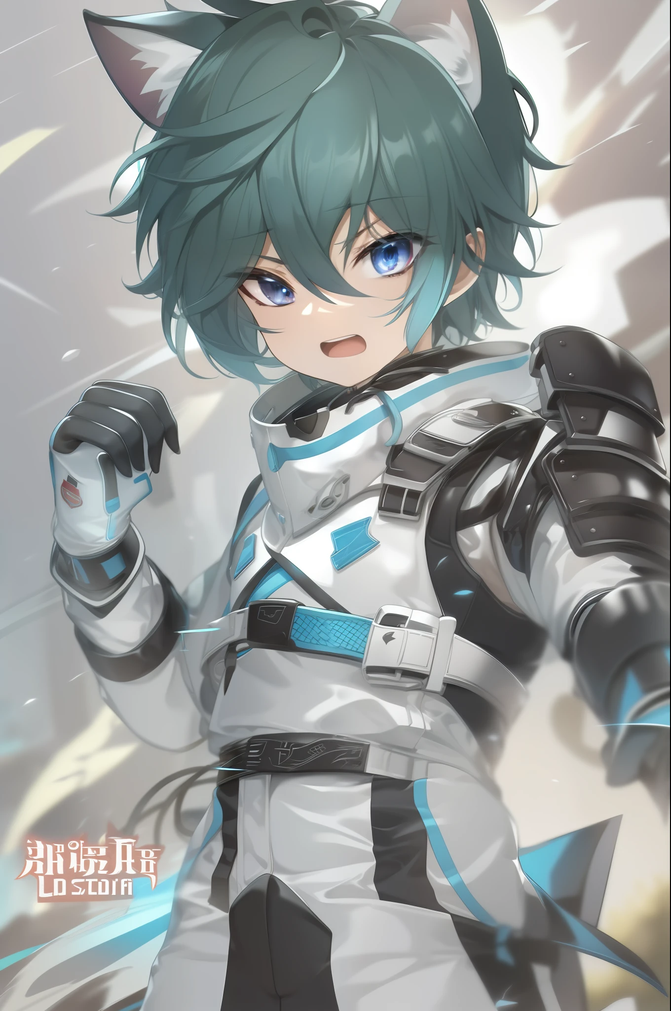 Game CG，8K quality，((A ))，juvenile sense，Handsome，Anime male protagonist，Young，Cat ears，Headband，Shoulder blades，Blue full body armor set，White armored gloves，White trousers，Racing boots，Fight，The brave，particle fx，Full body like，zori