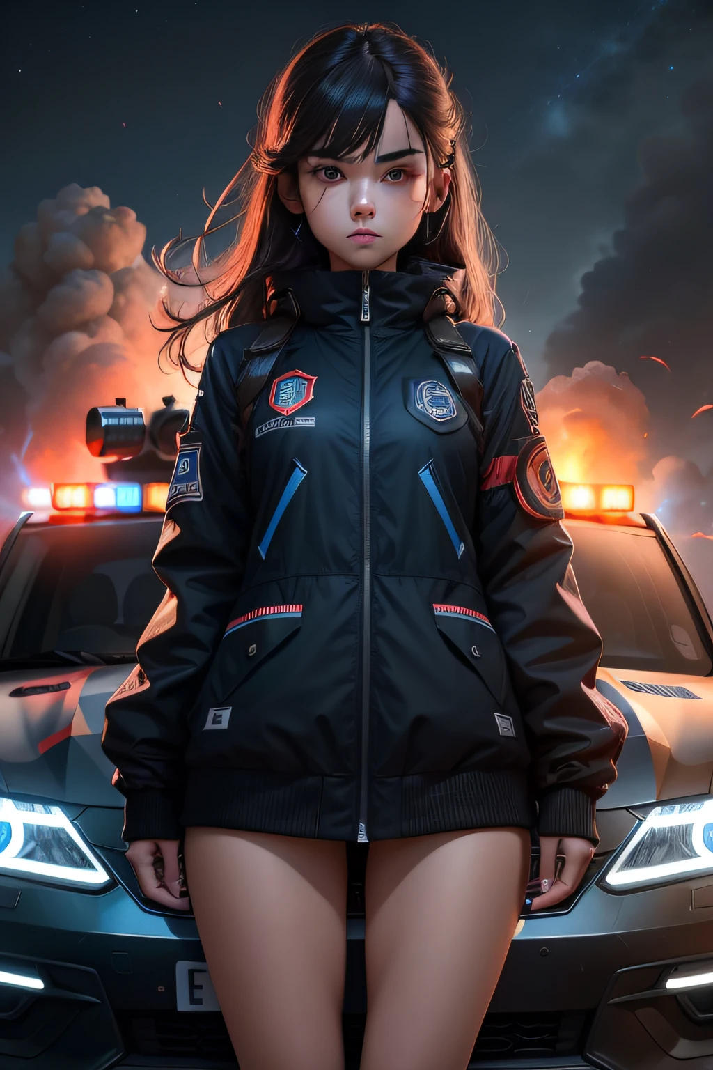 2K，best qualtiy，the detail，quadratic element，adolable，teens girl，the night，karo，Head up，weeping，Size 1：2，Dark blue sky，fire glow，Background of war，police cars，modern day，blasts，The color is predominantly red, Black and blue