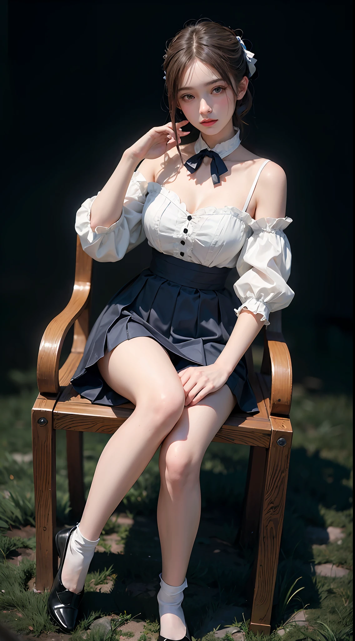 女の子1人, (Full body), Unknown , detailed  clothes, (delicate illustration:1.4),(masutepiece:1.0), (Best Quality:1.4), (超A high resolution:1.2), (Photorealistic:1.4), (8K, Raw photo:1.2), (Soft Focus:1.4), (18year old:1.3), (Sharp Focus:1.4), (Renaissance art:1.4), Detailed beautiful face, (Blouse with white collar, Silk White Socks, Dark blue skirt, Black pumps), Sitting on a chair