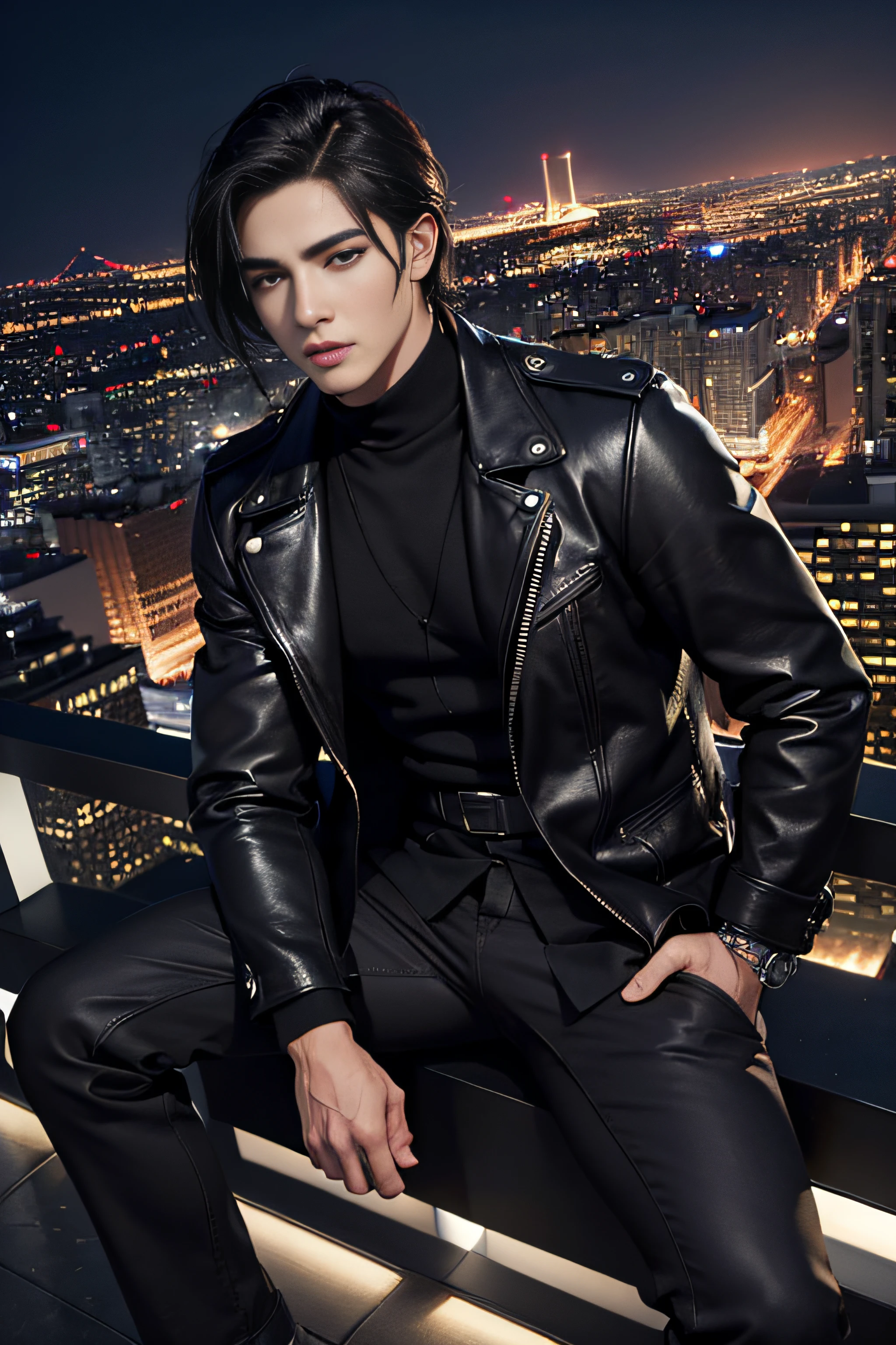 Best quality, masterpiece, ultra high res, (photorealistic:1.4), detailed face, detailed eyes, raw photo, young handsome male, black hair, full body, view from top, (night city background:1.2)