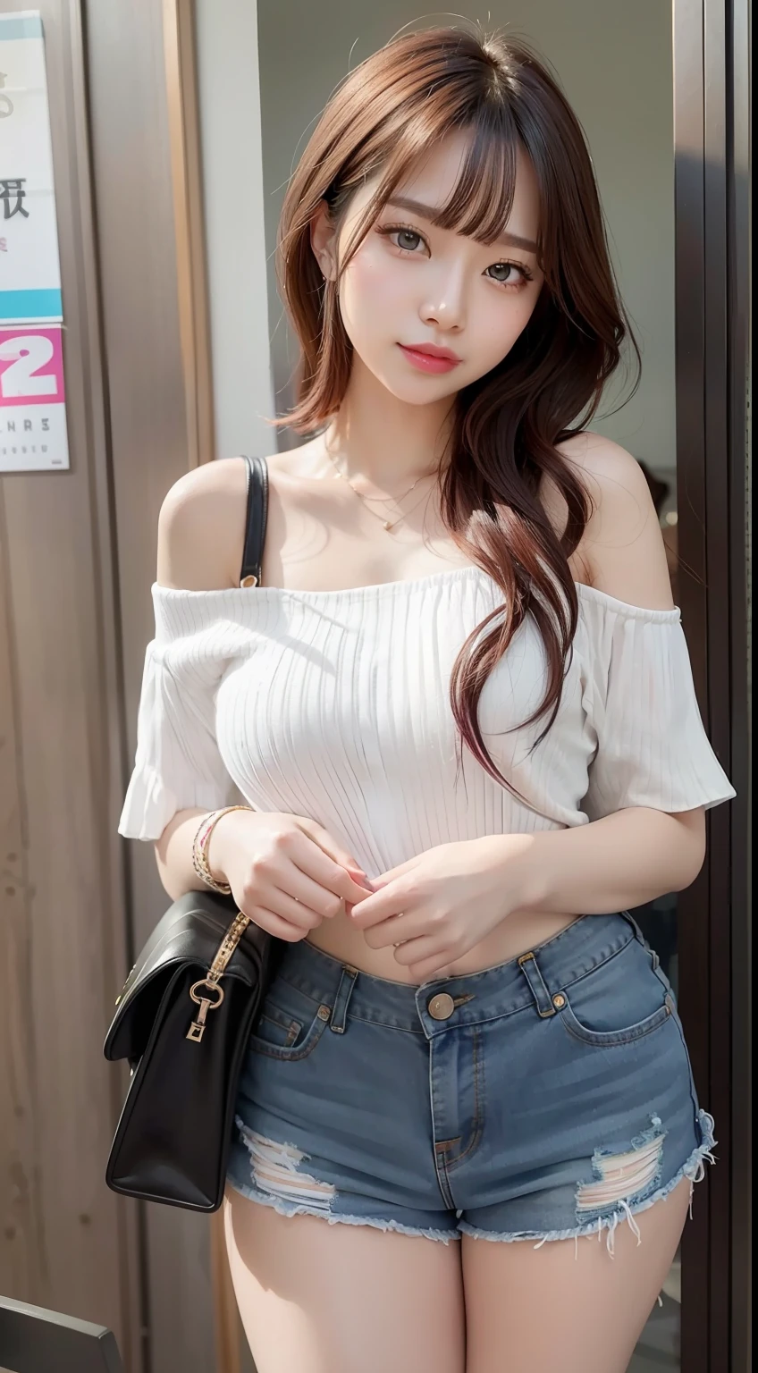 off shoulders、Short pants、Colorful hair、Pretty Woman、Beautiful modeling、a beauty girl、reallistic、realphoto、8k picture、Exquisite and detailed details、hiquality