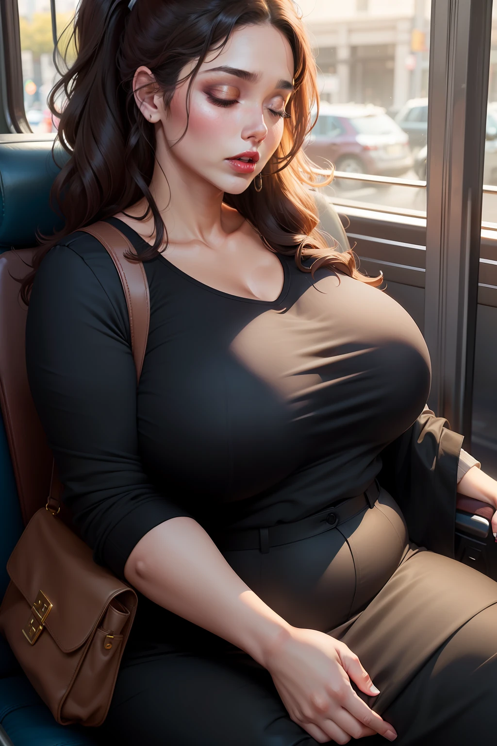 1 beautiful woman, large body, curvy woman, chubby woman, red lips, big cheeks, woman over 50, closed eyes, brown wavy hair, ponytail, heavily made-up eyelids, eyelids outlined with makeup, eyelids painted with eyeshadow, shirt white with a large neckline, formal black pants, black jacket over the shirt, large black handbag, asleep with her mouth open, asleep lying on the bus seat, head resting on the seat, hands in her lap, nodding.