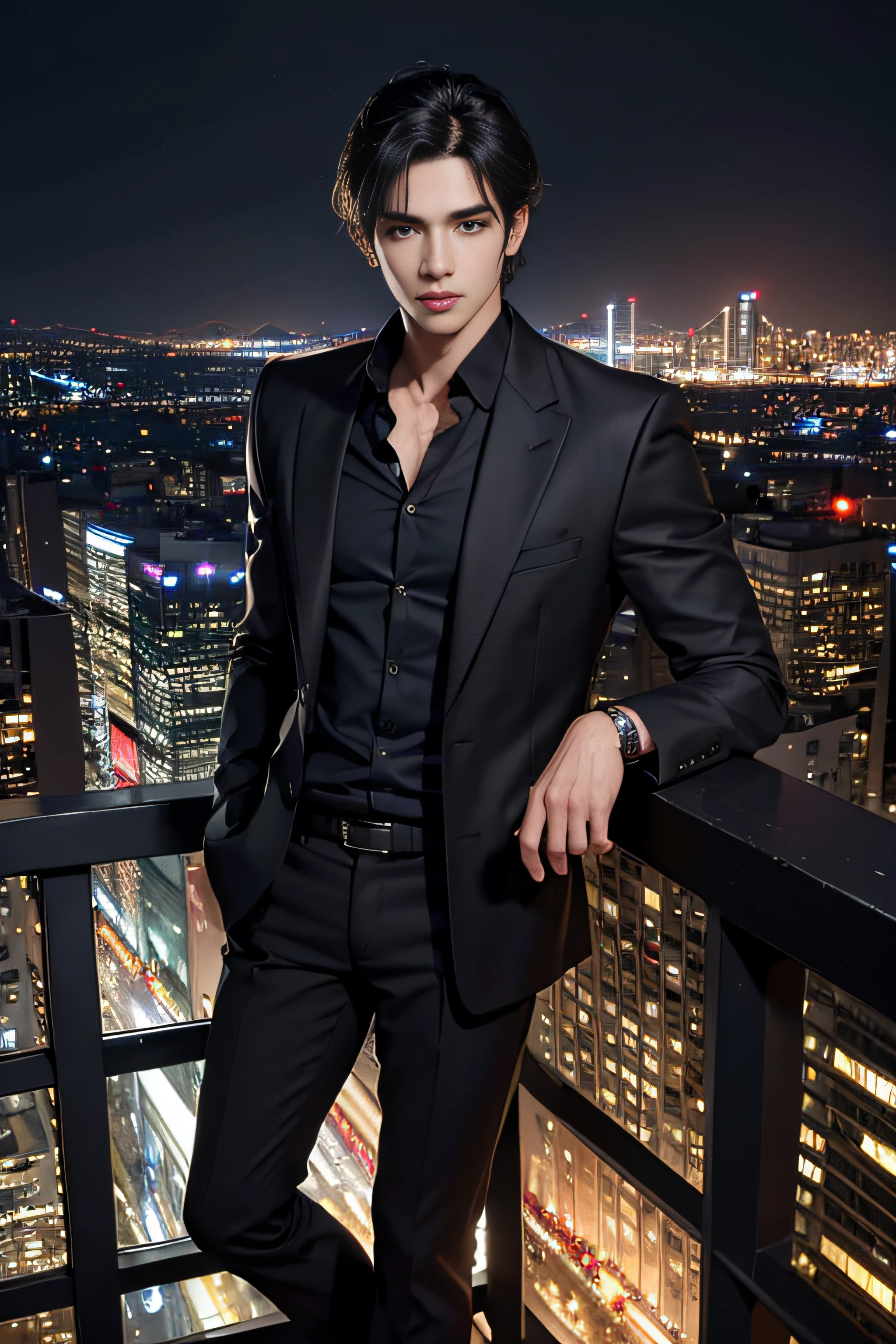 Best quality, masterpiece, ultra high res, (photorealistic:1.4), detailed face, detailed eyes, raw photo, young handsome male, black hair, full body, view from top, (night city background:1.2)