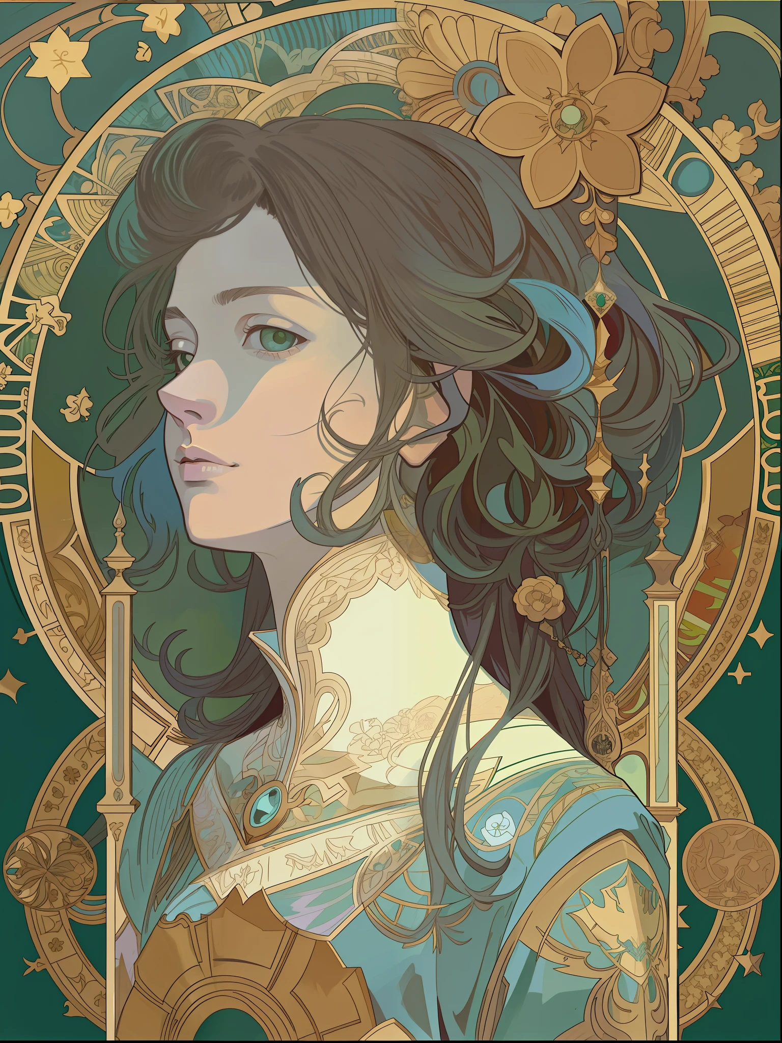 tarot card layout,Best quality, Masterpiece, Realistic lighting,Flower frame, Decorative panels, abstract artistic, Alphonse Mucha (tmasterpiece, best qualtiy, A high resolution: 1.4), A detailed, Complicated details, 4K,A few details