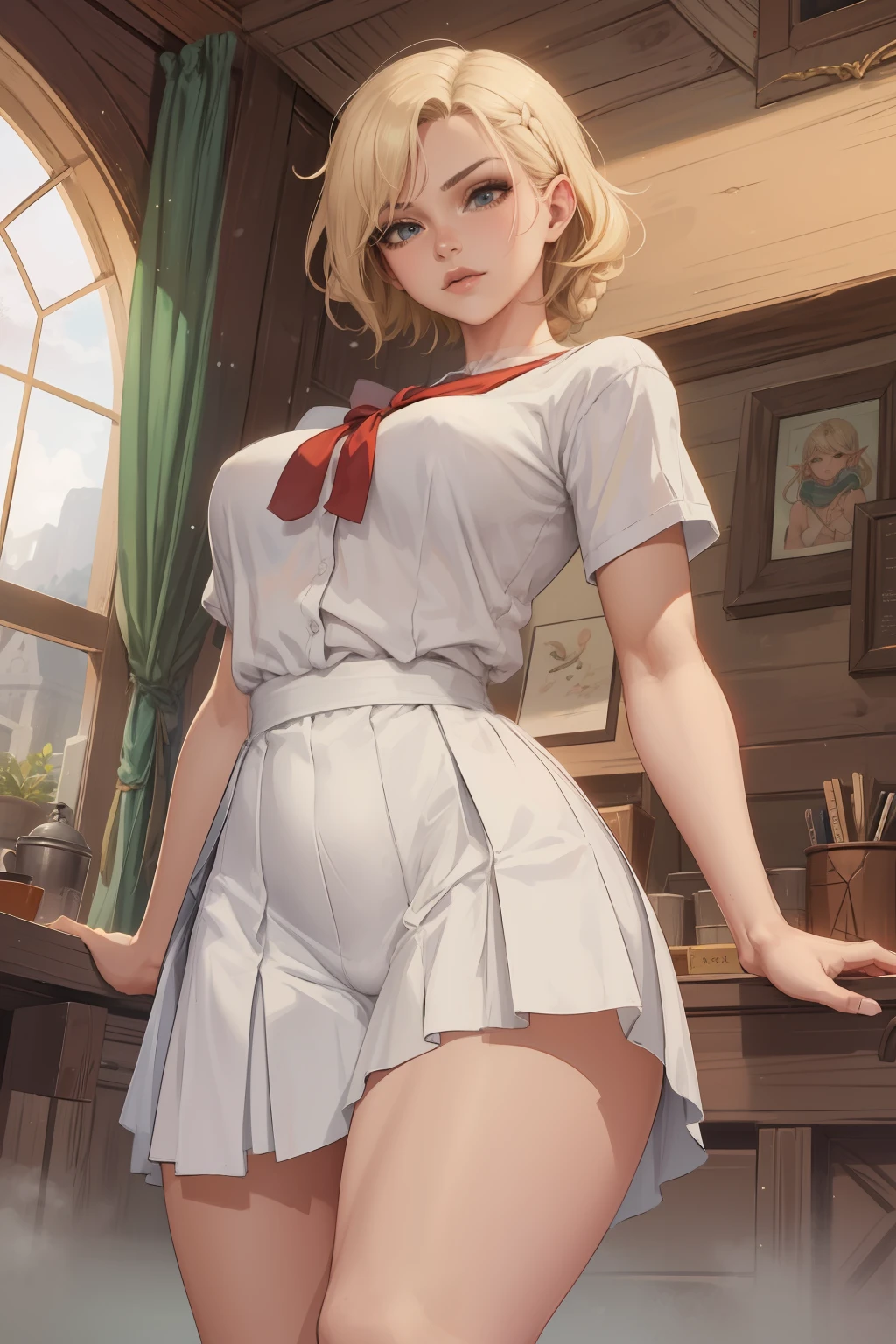 ((artgerm)), Linda mulher de corpo inteiro, 30 anos, corpo musculoso e perfeito, blonde hair with braids and little clothing, Tiny thong, metal bra, capa pelo, seios grandes, decote generoso, segurando uma espada manchada de sangue, cara de brava, pose sexy, caminhando em uma aldeia viking na neve, elf girl