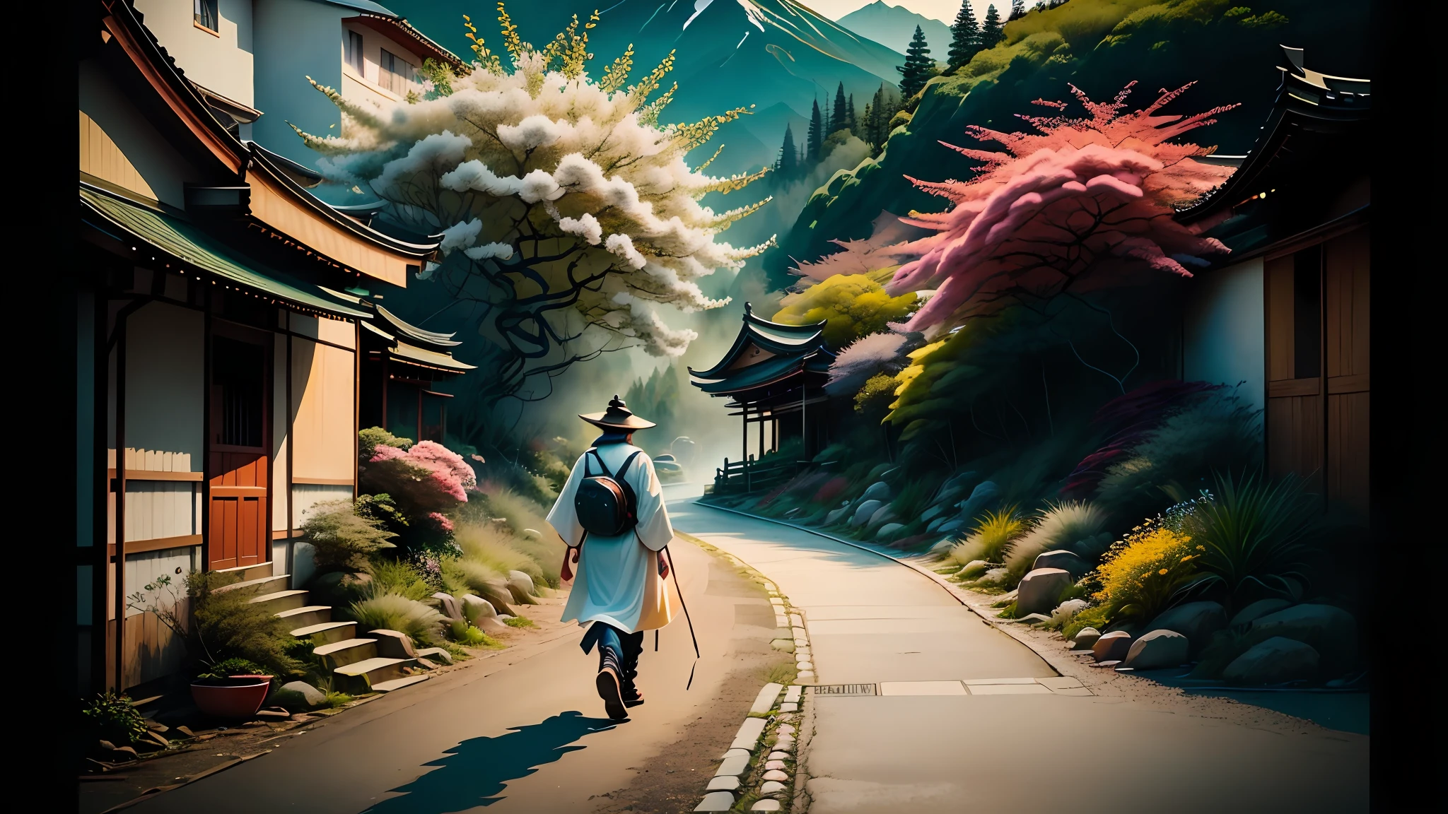 A foto de perfil deve ser uma pintura a tinta chinesa best quality, piece of master, ultra high-resolution, (Realistic: 1.4) 1 , Jade Fire Tree, blur, Realistic, dia, luz natural, Encantadora vila japonesa antiga, ruas de pedra colorido textura realista, Beautiful green vegetation, cerejeiras em flor, flores de cerejeira caindo suavemente, rua iluminada, luz natural, Noite, Estrelas, Japanese man walking down the street, usando quimono antigo azul,