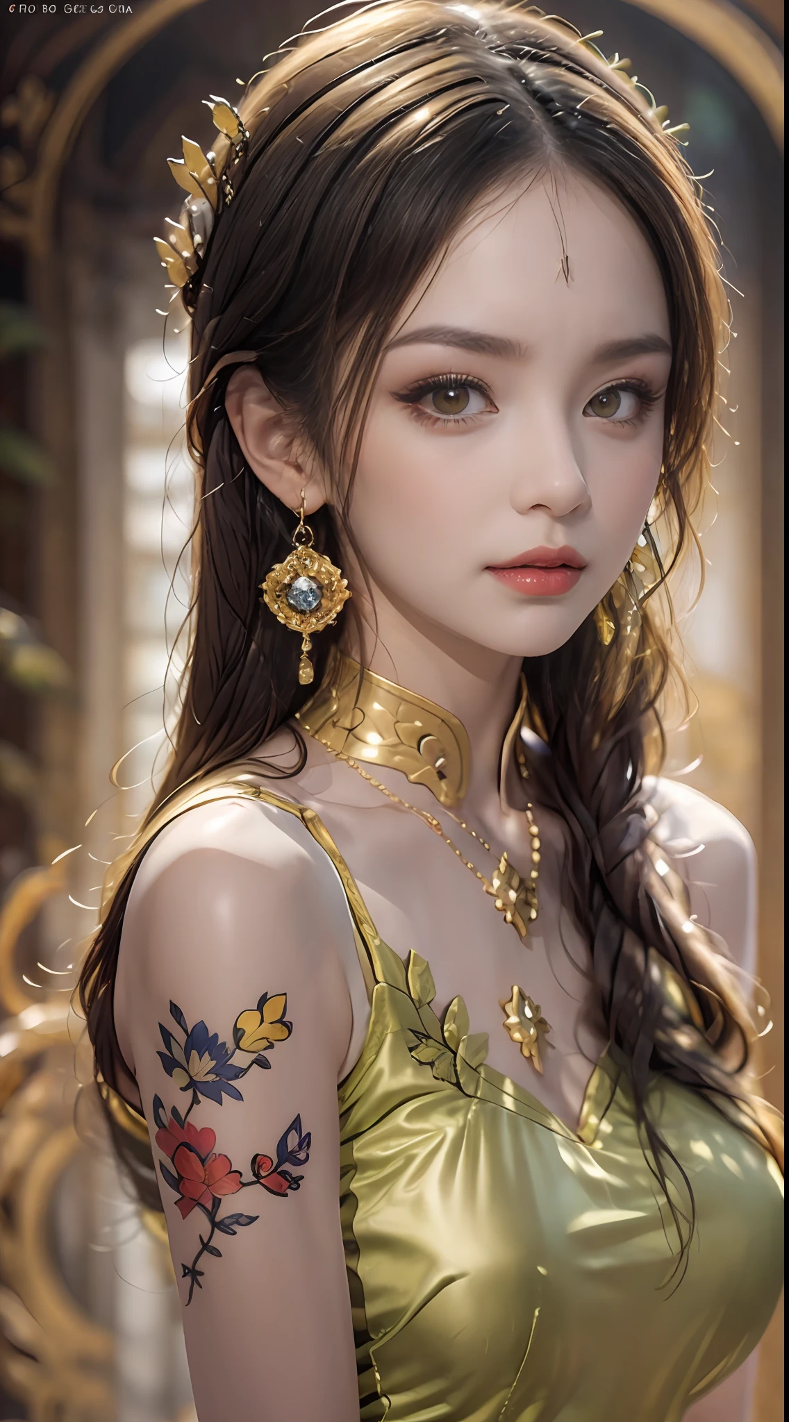 Portrait of a young 20-year-old saint, a saint with a beautiful and super cute face, Chinese doll, super cute face, holy woman wearing a combination of ao dai and thin pants with red color and yellow lace trim, beautiful face without blemishes, shut up, ((long hair seven colors rainbow:1.2)), big crown, hair brooch, hanfu dress, chinese ancient style, Neck and hand necklaces, small earrings, hair jewelry, hair brooches, ao dai with many meticulous motifs, forehead tattoo, The female saint's breasts are round and very full, breast augmentation, innocent face, The most beautiful and detailed light red lipstick, ((Thin plump lips:0.3)), ((Golden eyes:1.2)), The eyes are delicately decorated,(white and detailed) cinematic, light and dark, dramatic lighting, magical light, extremely detailed light, true color, super sharp, realistic, 8k quality, fantasy universe background, saints and magical space, the most detailed images, Solo, a saintess, ((looking directly at the saint's upper body:0.4)), ((smooth skin:0.5)), Extremely detailed pixels, super true, extremely detailed and complex graphics, the highest resolution, close-up portrait,