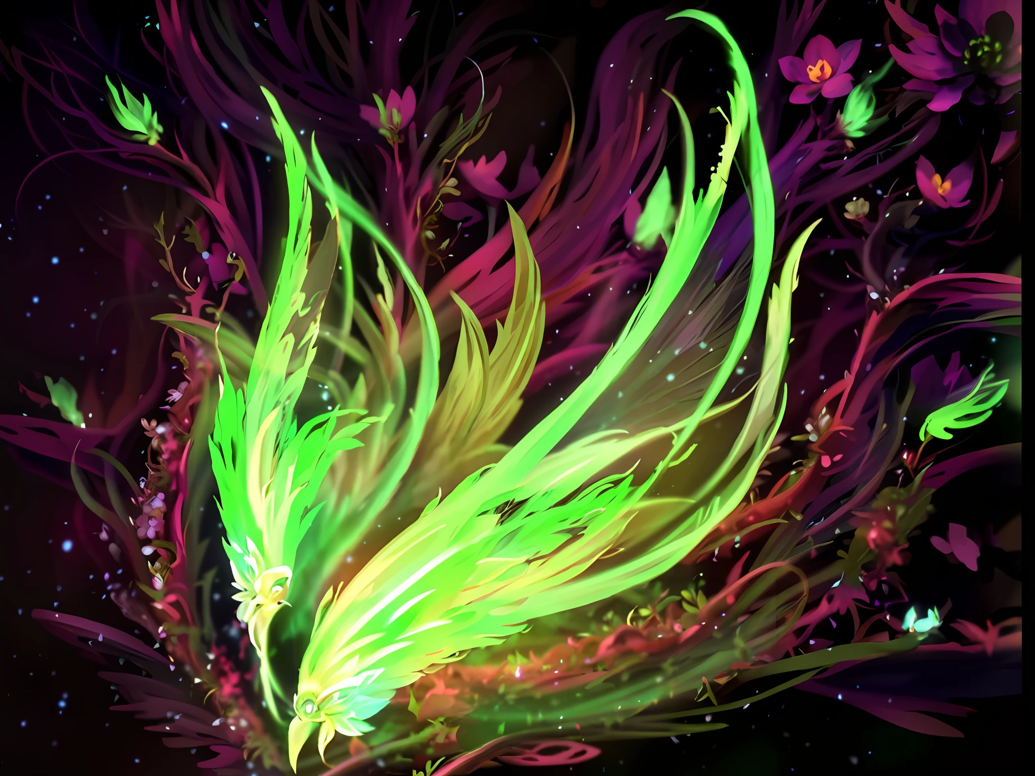 Green flame，A flame that moves like wings，with black background, with bloom ethereal effects, Glowing green flame, artifact dota2, Glowing spores fly, painted in the style arcane, glowing delicate flower, dota, ethereal essence, exotic fey features, arcane glow, slight bloom, Neon wings, Irelia, Glowing flowers, ethereal essence, magic glowing blur, Glowing plants, ahri
