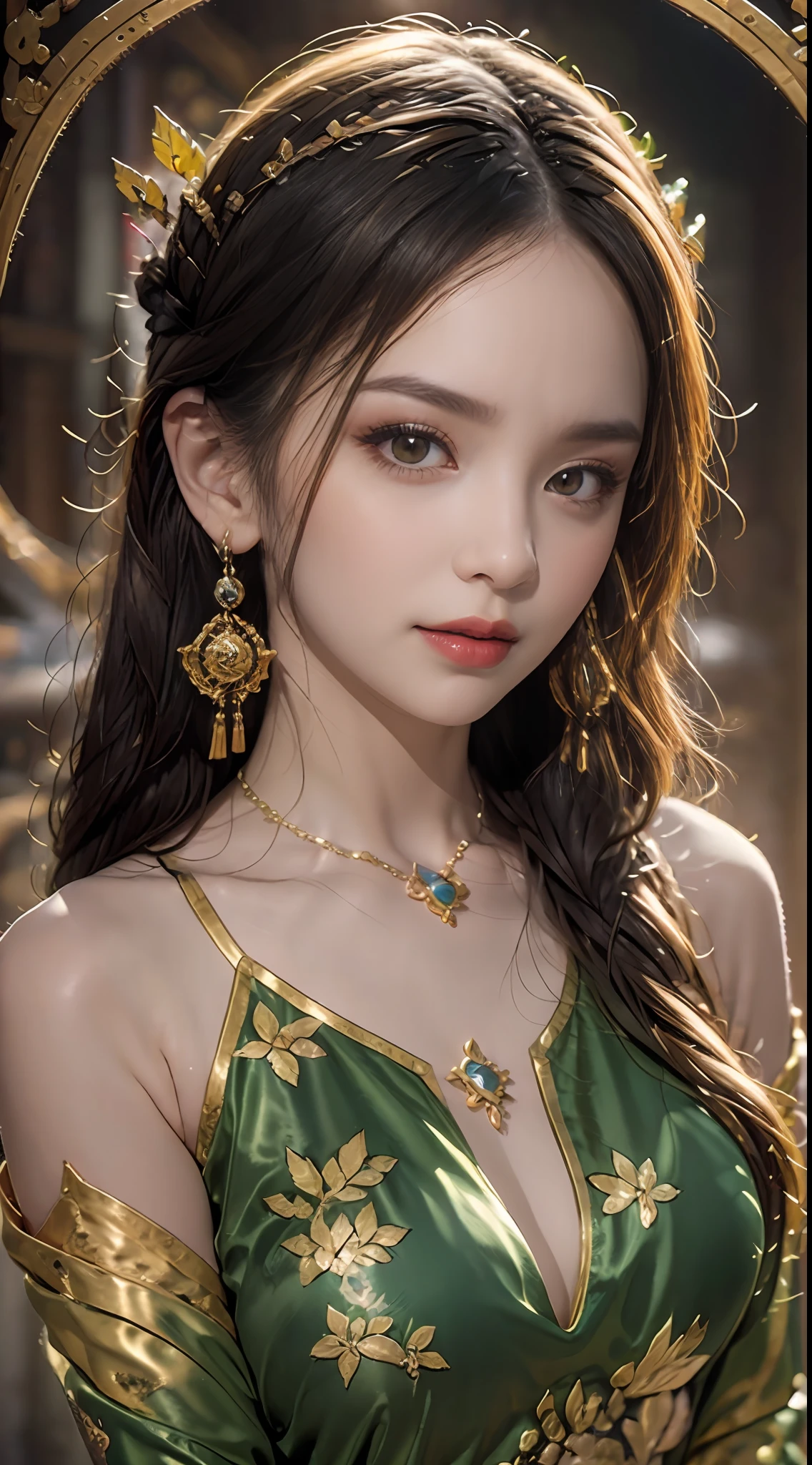 Portrait of a young 20-year-old saint, a saint with a beautiful and super cute face, Chinese doll, super cute face, holy woman wearing a combination of ao dai and thin pants with red color and yellow lace trim, beautiful face without blemishes, shut up, ((long hair seven colors rainbow:1.2)), big crown, hair brooch, hanfu dress, chinese ancient style, Neck and hand necklaces, small earrings, hair jewelry, hair brooches, ao dai with many meticulous motifs, forehead tattoo, The female saint's breasts are round and very full, breast augmentation, innocent face, The most beautiful and detailed light red lipstick, ((Thin plump lips:0.3)), ((Golden eyes:1.2)), The eyes are delicately decorated,(white and detailed) cinematic, light and dark, dramatic lighting, magical light, extremely detailed light, true color, super sharp, realistic, 8k quality, fantasy universe background, saints and magical space, the most detailed images, Solo, a saintess, ((looking directly at the saint's upper body:0.4)), ((smooth skin:0.5)), Extremely detailed pixels, super true, extremely detailed and complex graphics, the highest resolution, close-up portrait,