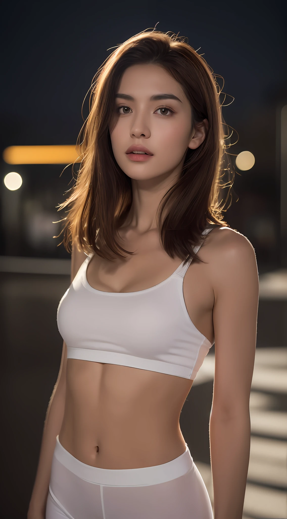 ((Realistic lighting, Best quality, 8K, Masterpiece: 1.3)), Clear focus: 1.2, 1girl, Perfect Figure: 1.4, Slim Abs: 1.1, ((Dark brown hair)), (White crop top: 1.4), (Outdoor, Night: 1.1), City streets, Super fine face, Fine eyes, Double eyelids,