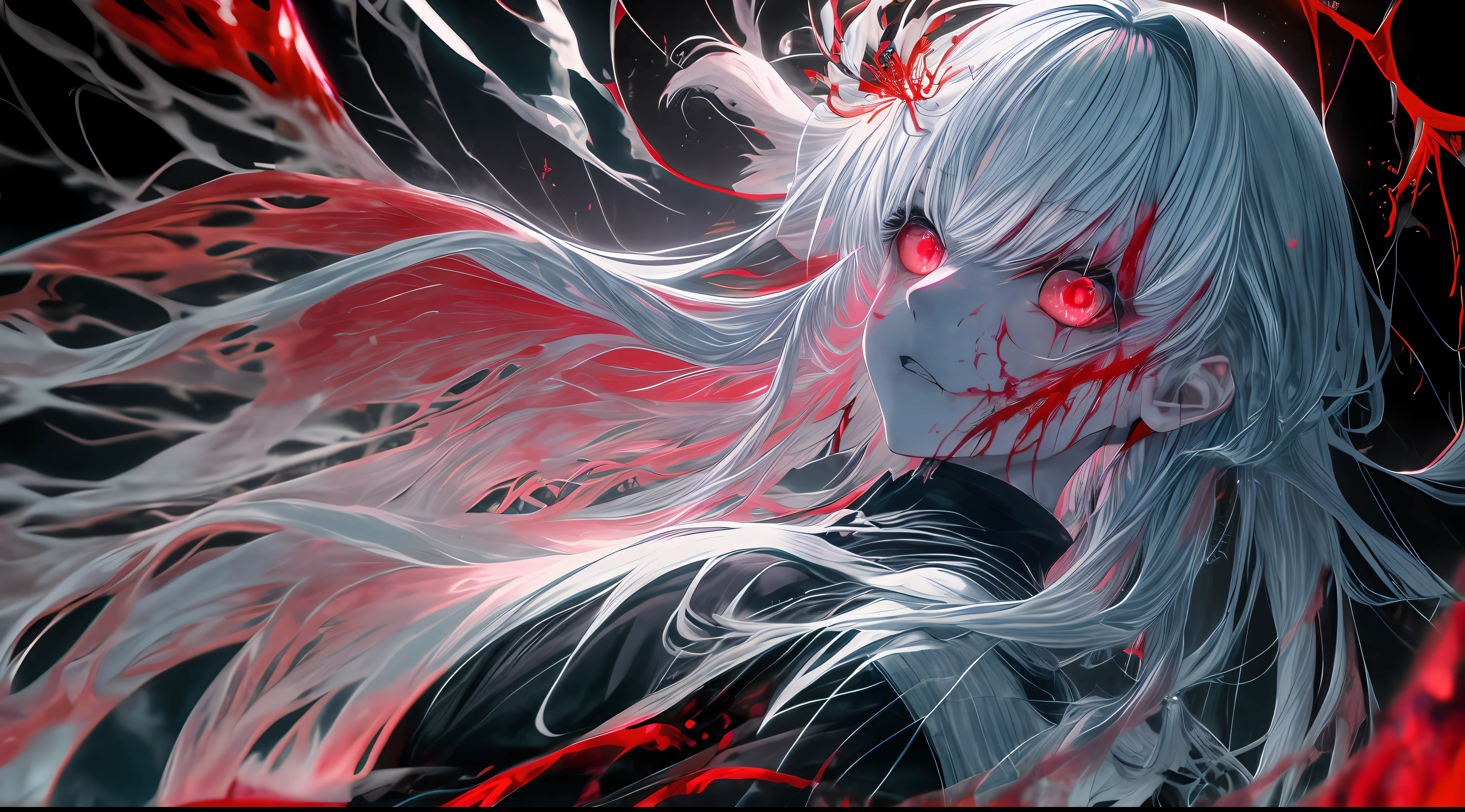 Radioactive light, anime2018::1, Red::1, Neon color::1,, Part 1.5, detaled face, ultra quality, Ultra Graphics, Flowering 1.0, l vampire, depression, ultra realistis, Anime IRL,anime girl, Dark Style, HDR, RTX, The body crumbles , Detailed Face,soft-lighting, makoto sinkai,Digital Painting,looking up at the camera", 8K, extra limbs,big dreamy eyes,blurry, Smooth soft skin, Cloned face, Symmetrical,neon liquid, flowing from the eyes,anime art,photo, Face cracking , ..key: Red, blood from the eyes, Realistic, Realistic light, Realistic anime, realistic shadows, Liquid, dripping from a tree,depressive, Clouds, Sakura, spider lily , A detailed eye, eyes focus, Lashes, fluffy lower eyelashes:1.5, pale face,{Very red eyes} {{{gloomy atmosphere}}}, Scary picture, woods, {{mist}}, {{{{Neon Red Liquid, flowing down from the trees}}}}, {{Dark atmosphere}}, {{{The body crumbles}}}, {braids}, Sateen, {{blood on the ground}}, {{fire}}, {{{eye closeup}}},The Better Generation, Ultra Generation, Generation 3000, 2048×2048.., Face detailing, Detailing clothes, Symmetrical balance, Tokyo Ghoul, l vampire, Kaneki, Anime 2020, Water and sky, black hair,Detailed hair, Tokyo Ghoul, Kaneki, l vampire, Depressive art, depression, ennui, Sadness, cry, pain, Black smoke, Black Energy, Tentacles, Kagune, bloods, blood on the face, A sea of blood, fetters, barbed wire, fire, Wide-angle camera, lots of fine detail, spider lily, Sakura, Sweet, Scalopendra, Black background, Hole in the case, Dead Inside, Dead Art, lying on the grass,
