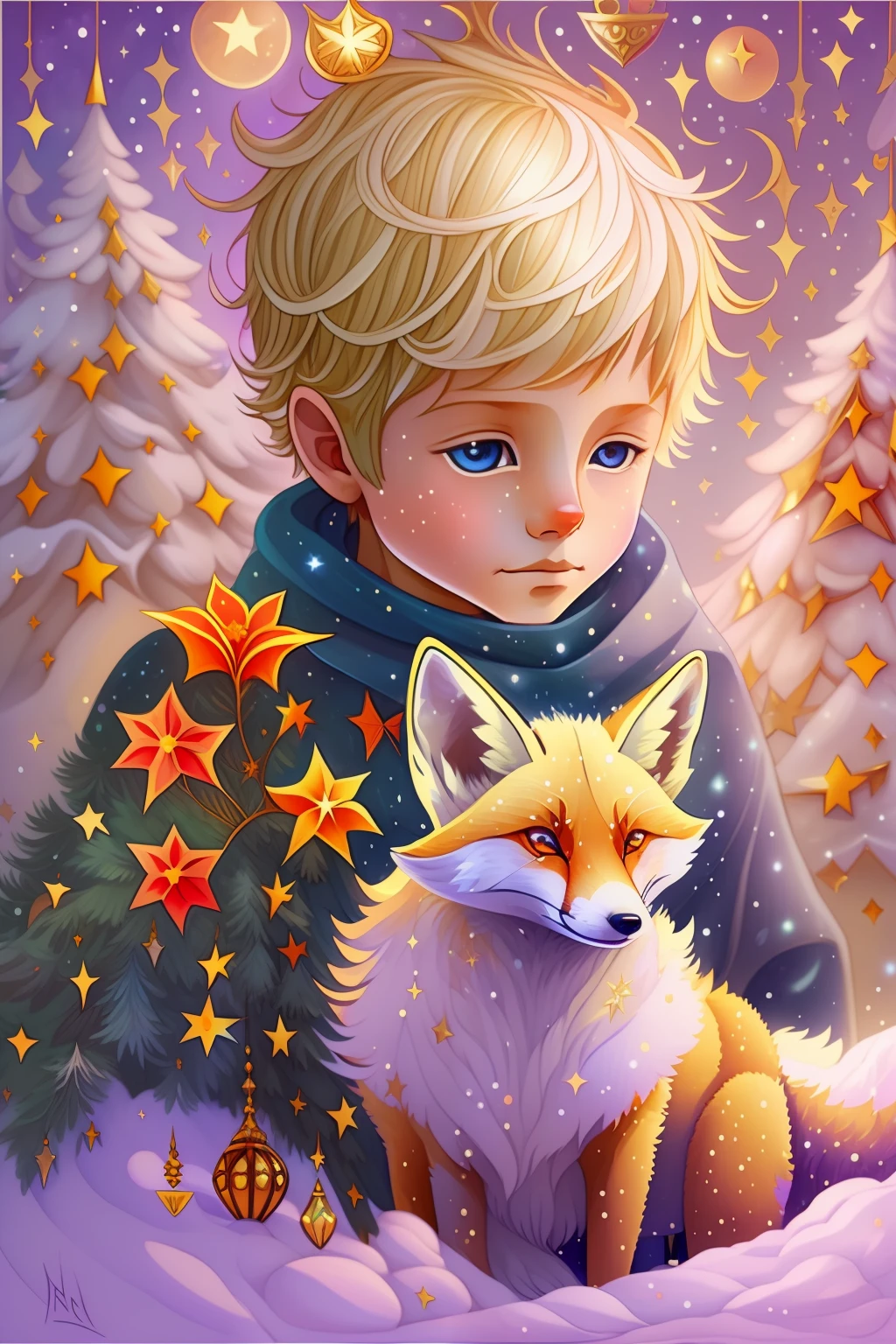 image((  ))With a fox and a star,(( The Little Prince)), Portrait of a magical blond prince, Winter January,Christmas tree,Fairytale painting, A bright light masterpiece, The Flower Prince, breathtaking art, illustartion!, Coronation of the New Year's Prince, by Anna Haifisch, by Julia Pishtar, fantastic art, A fairytale work of art, inspiring art, fantasy fox love, Fantastic works of art